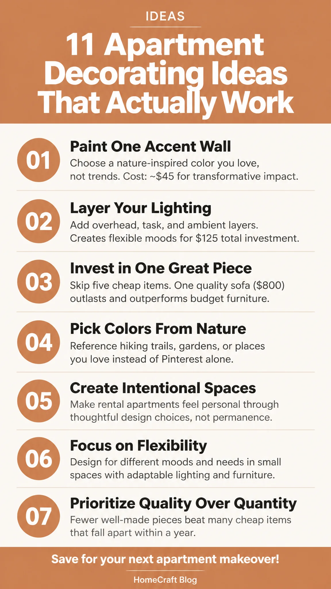 Infographic summary of 11 Apartment Decorating Ideas That Work in a Rental