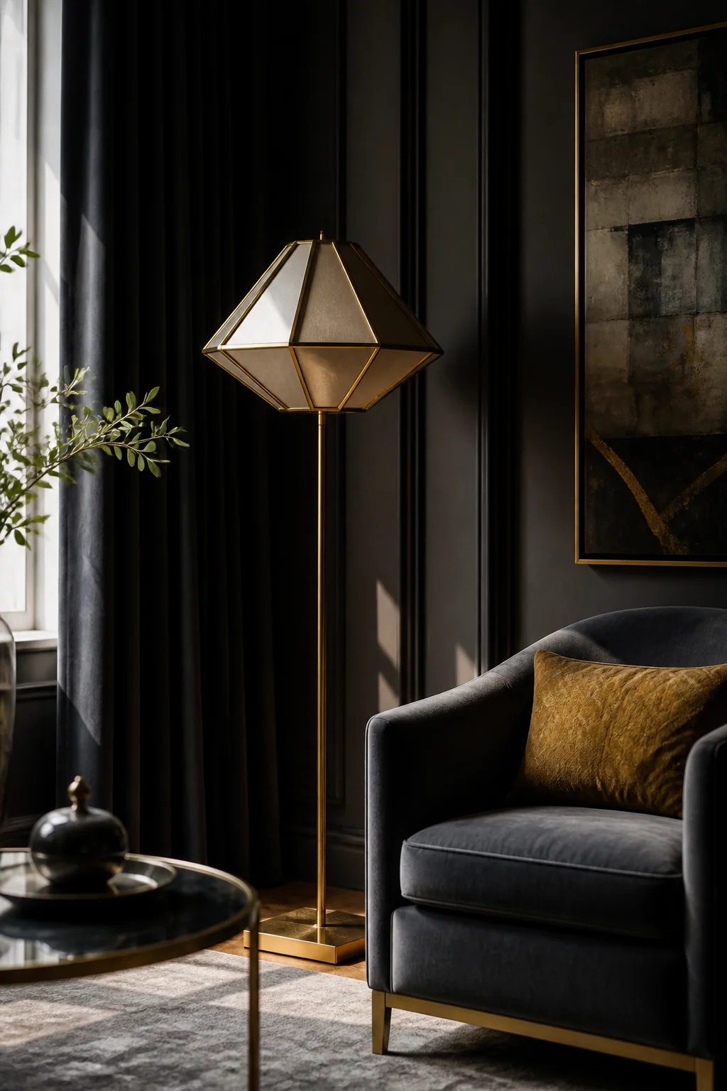Add a brass floor lamp with a geometric shade