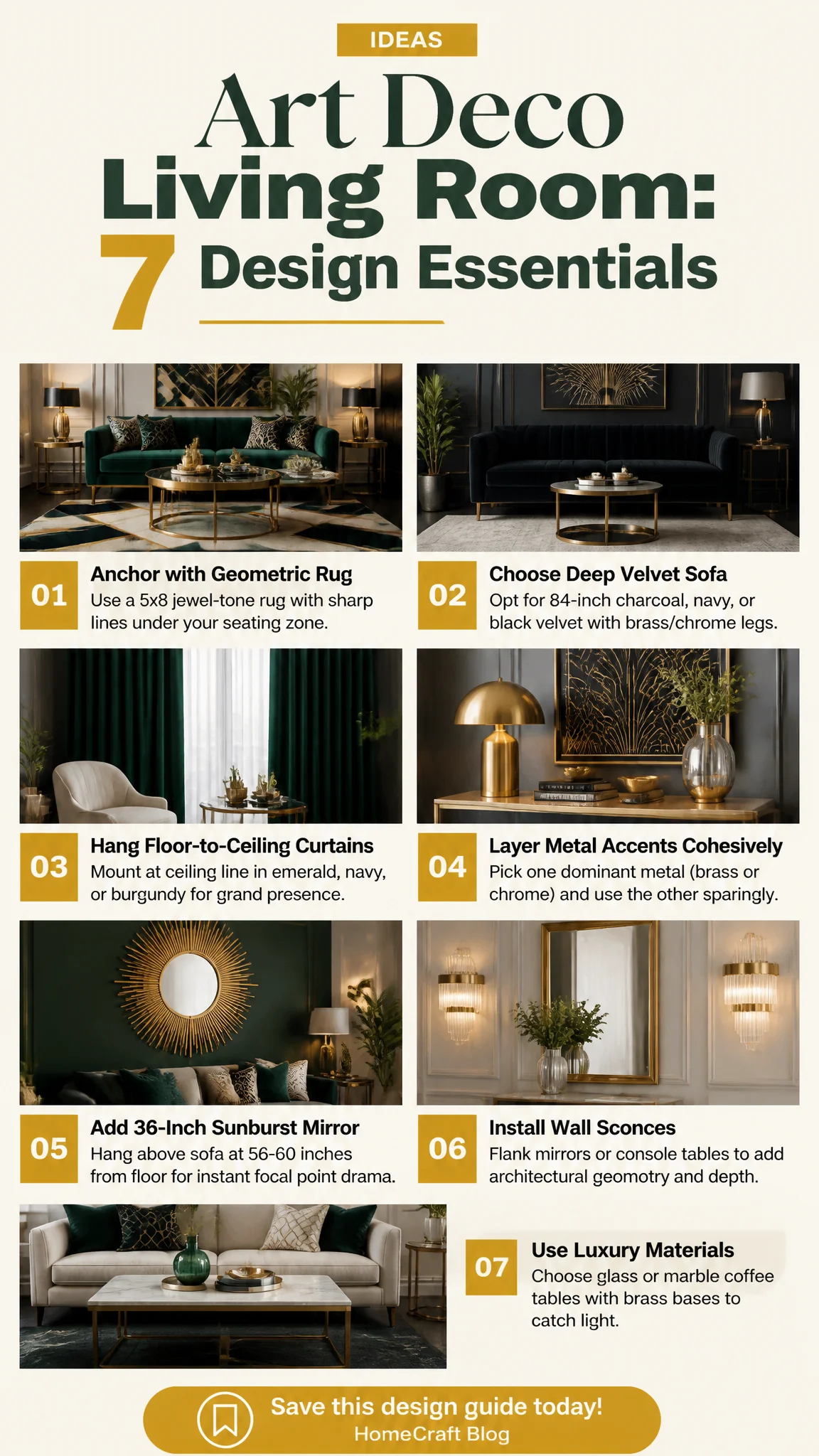 Infographic summary of 21 Timeless Art Deco Living Room Design Ideas With Sizes and Costs