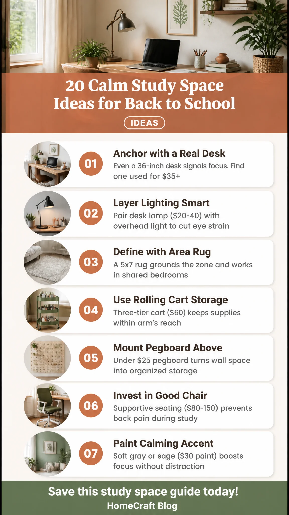 Infographic summary of 20 Calm Back to School Study Space Ideas That Cut Distractions