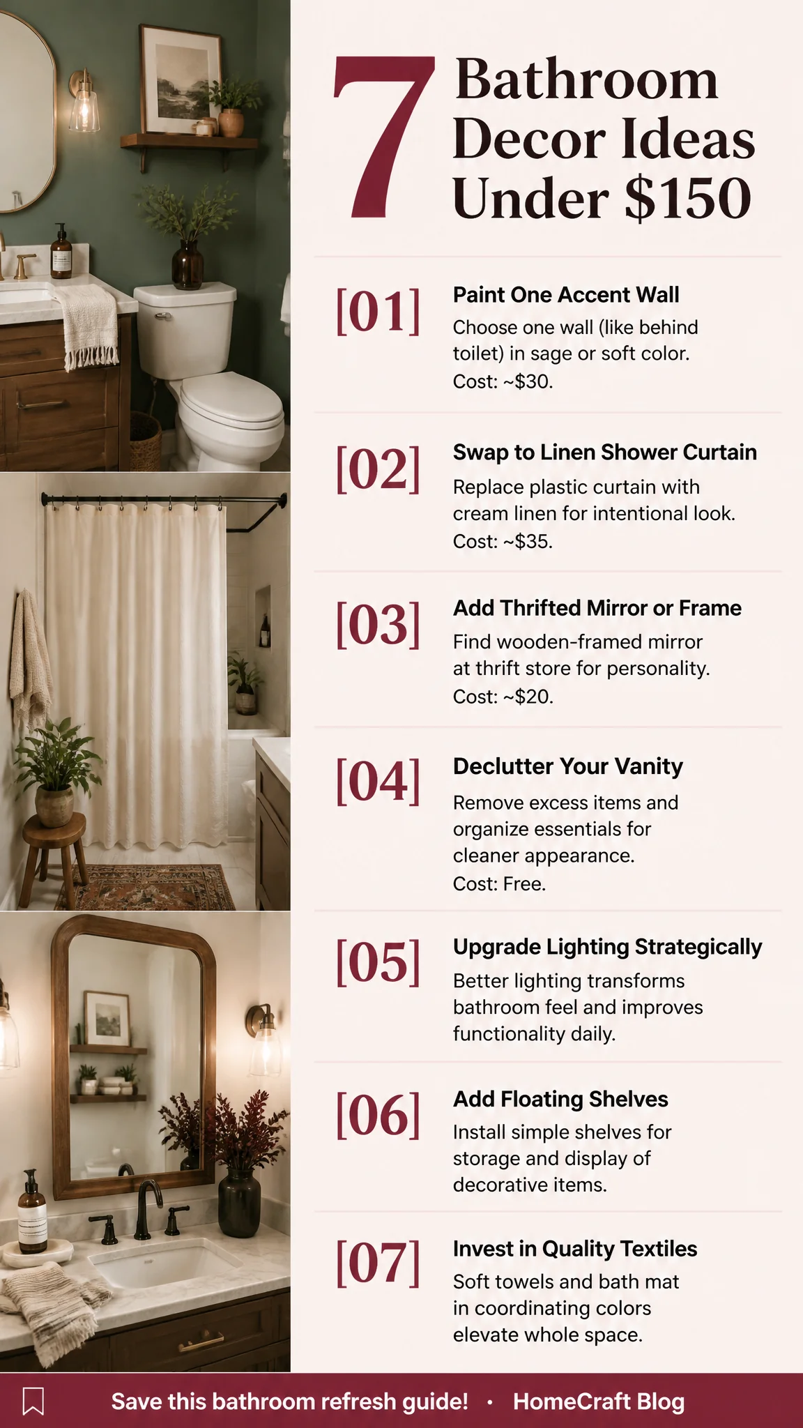 Infographic summary of 7 Bathroom Decor Ideas Under $150 Total