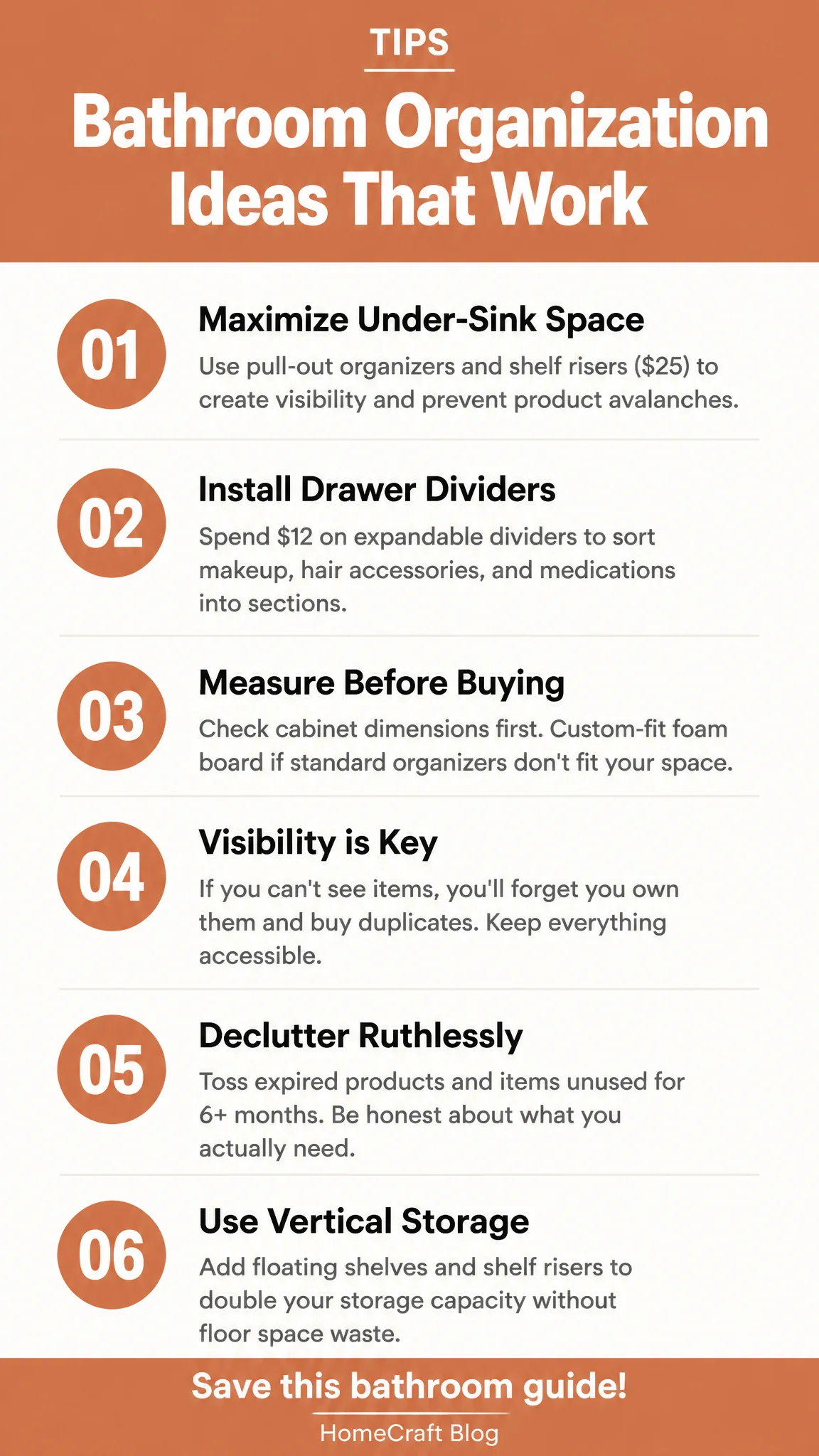 Infographic summary of Bathroom Organization Ideas: A Room-by-Room Guide