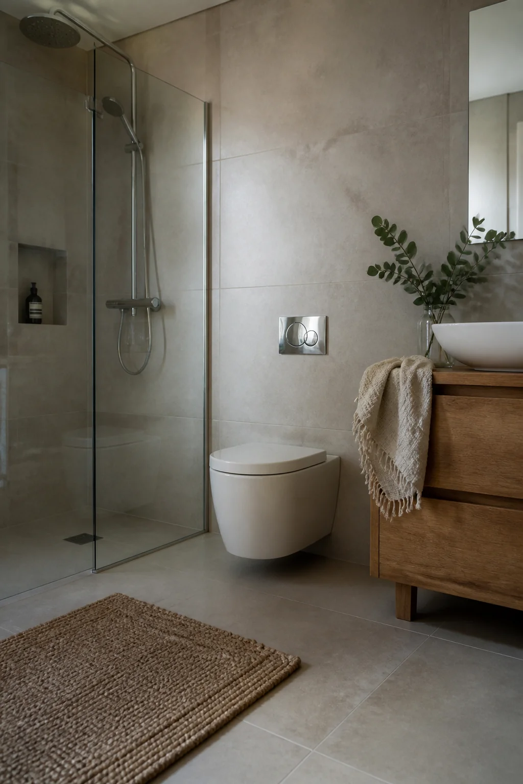 Large-Format Tile Makes a Small Bathroom Look Calmer
