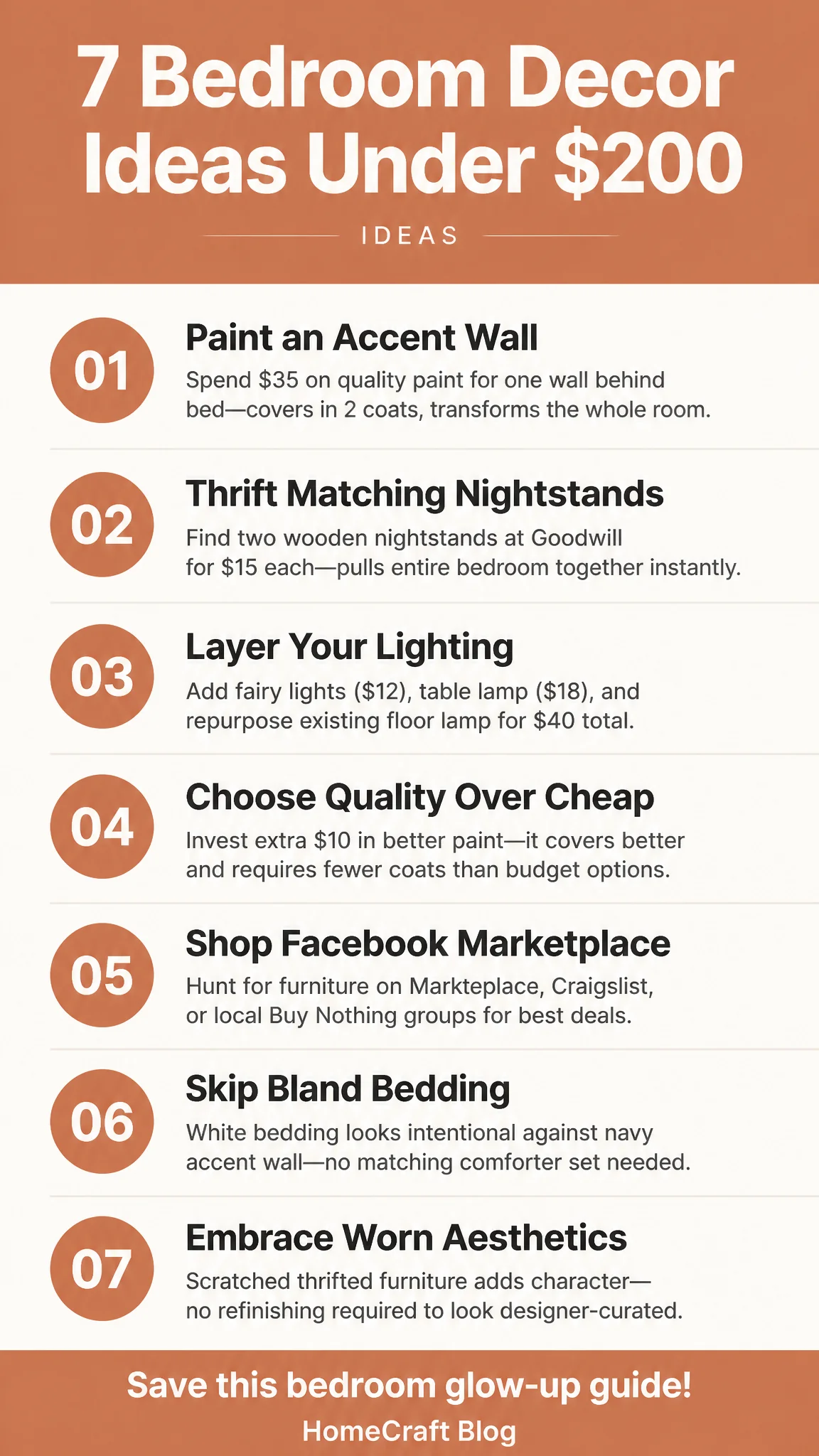 Infographic summary of 7 Bedroom Decor Ideas on a Budget Under $200