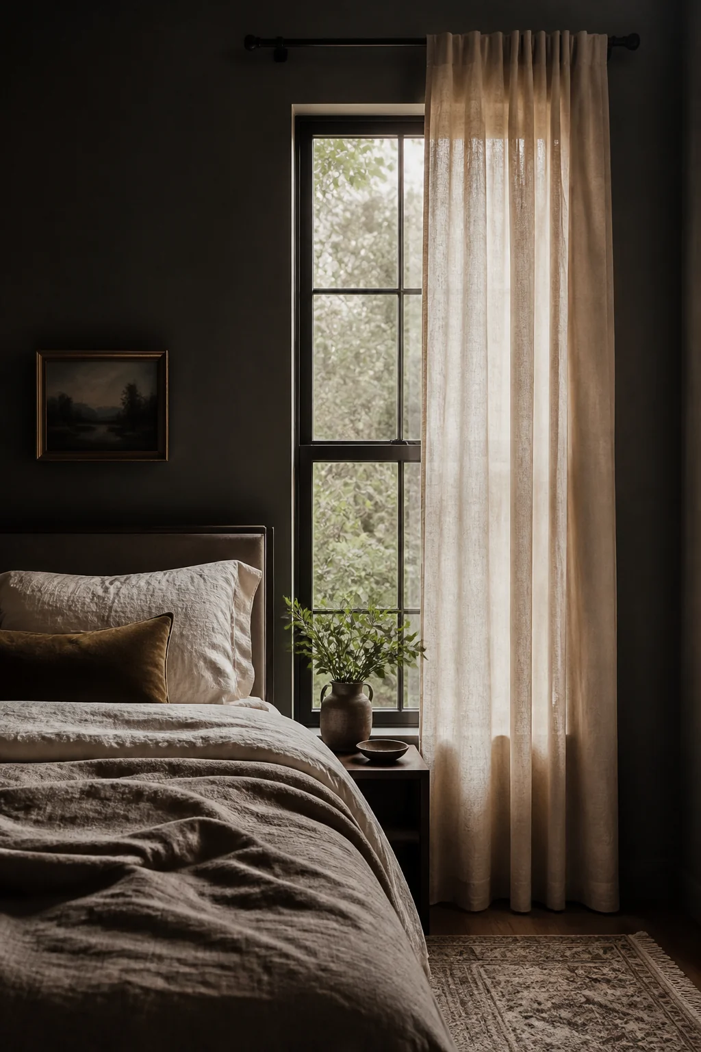 A single linen curtain panel hung on one side only