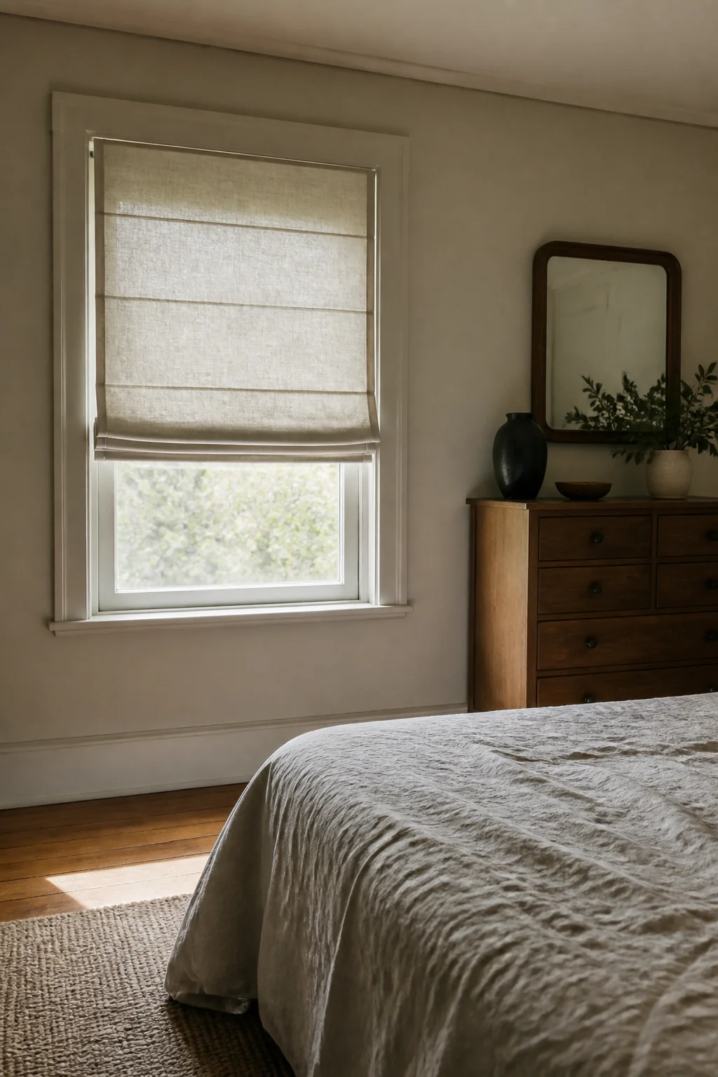 Roman shades in linen with a light backing