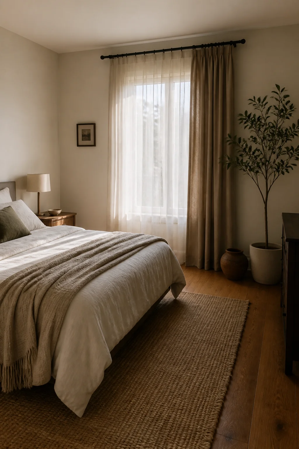 Sheer curtains layered over a single panel of solid color