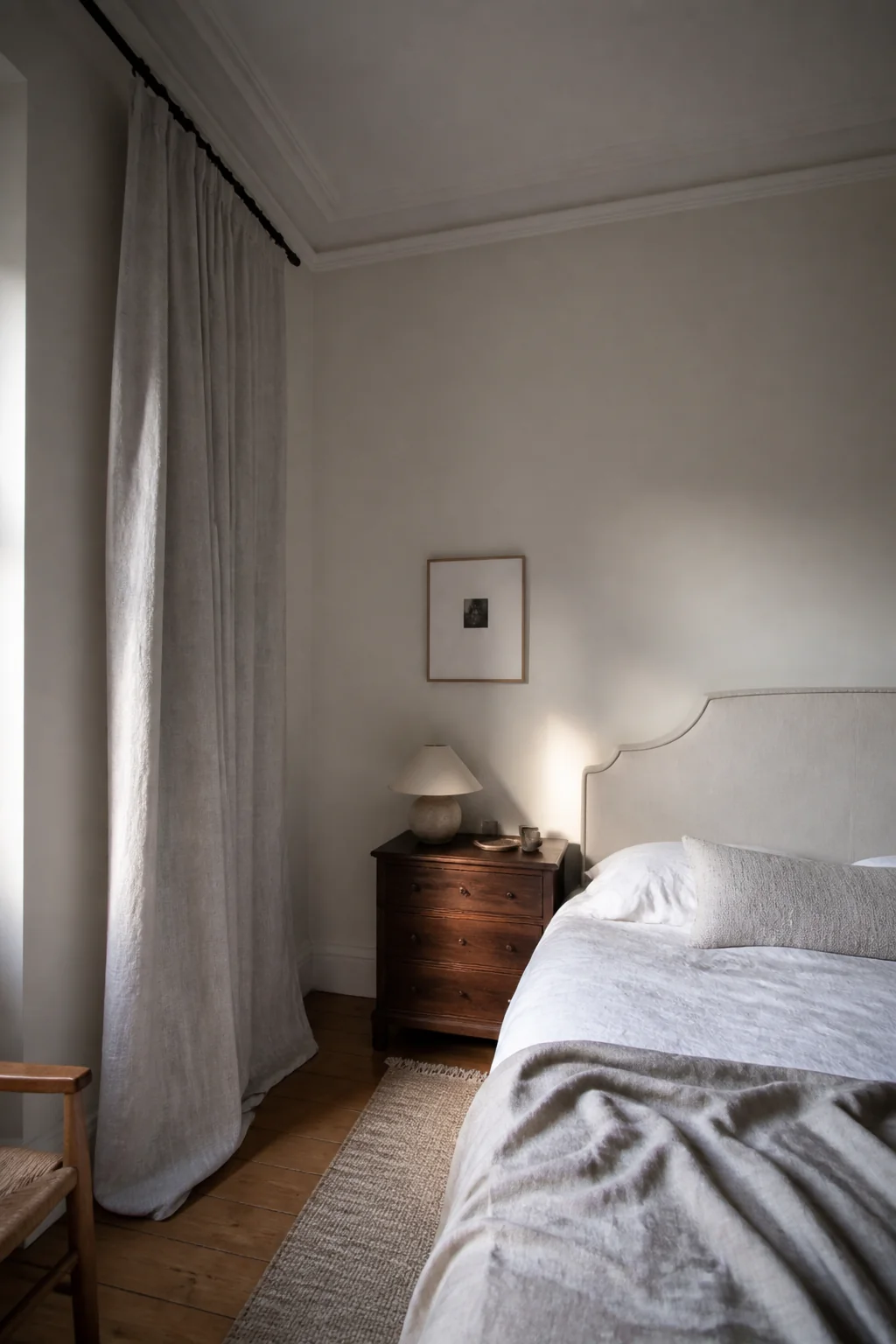 Linen panel in pale gray with a high rod placement