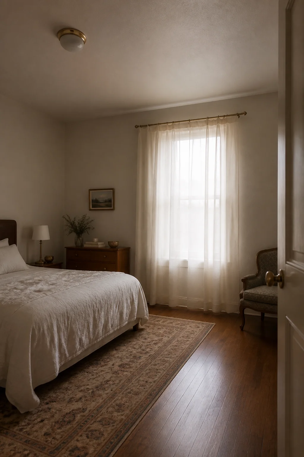Gauze or voile curtains in ivory with brass hardware