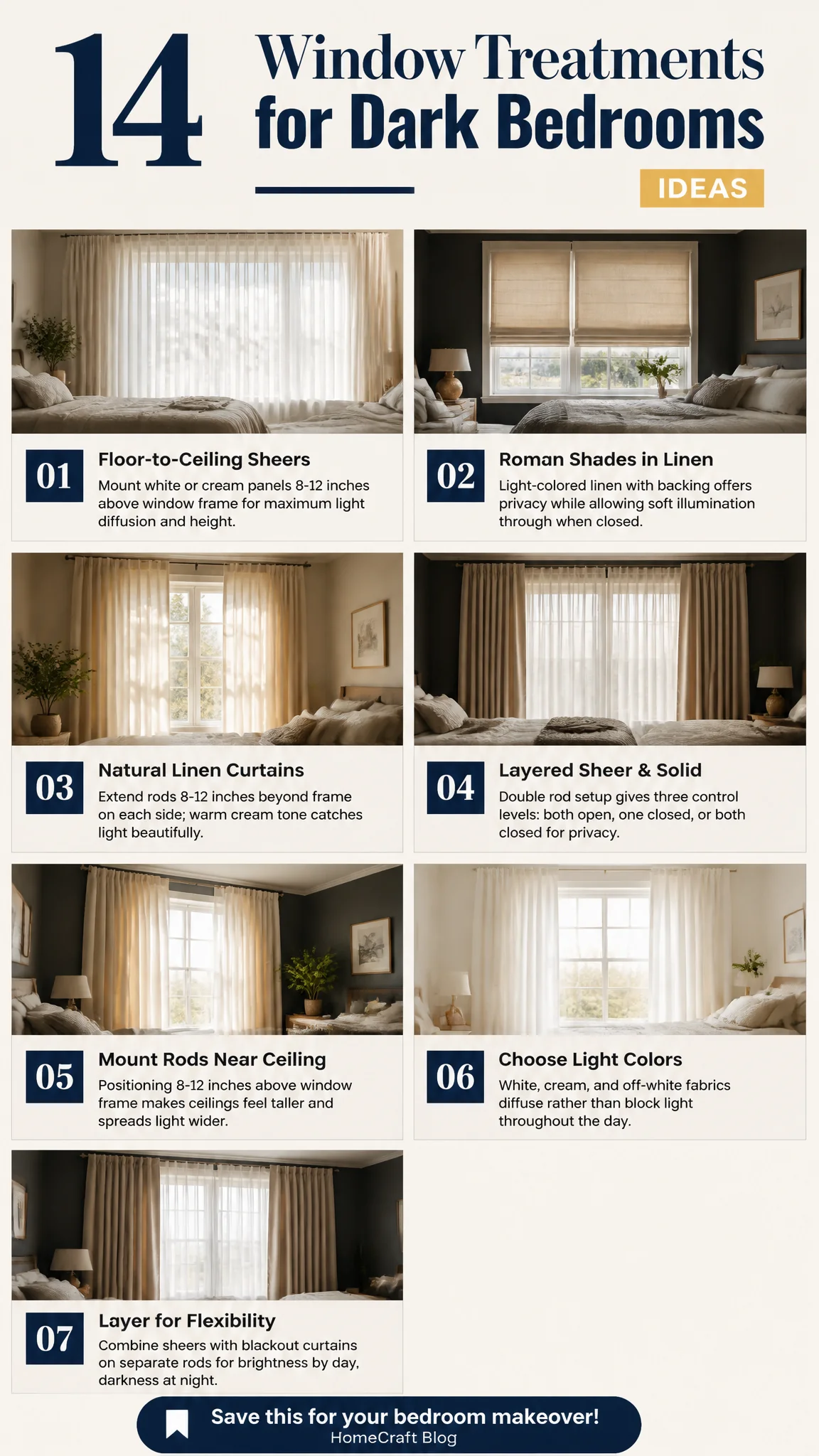 Infographic summary of 14 Bedroom Window Treatment Ideas for Dark Rooms That Need Light