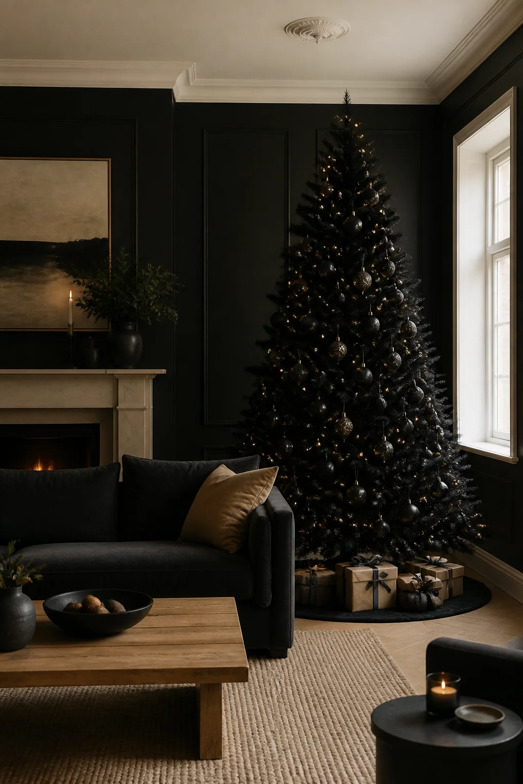 Set the black tree against warm white walls
