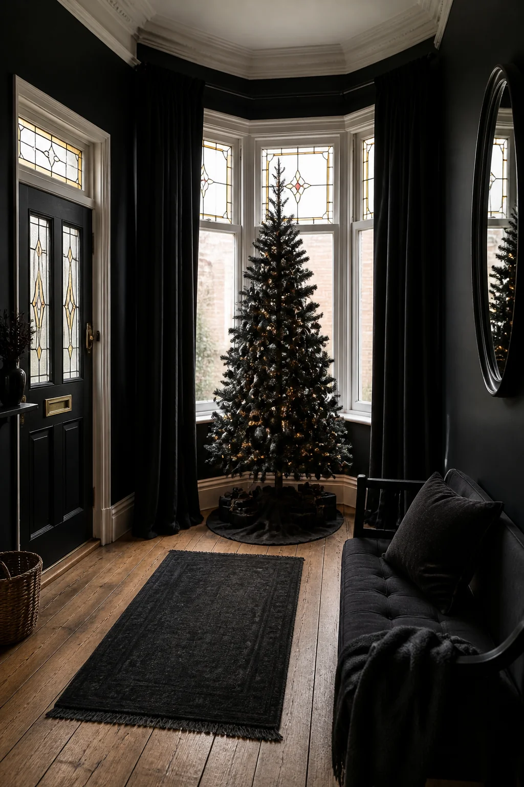 Frame the black tree in a bay window