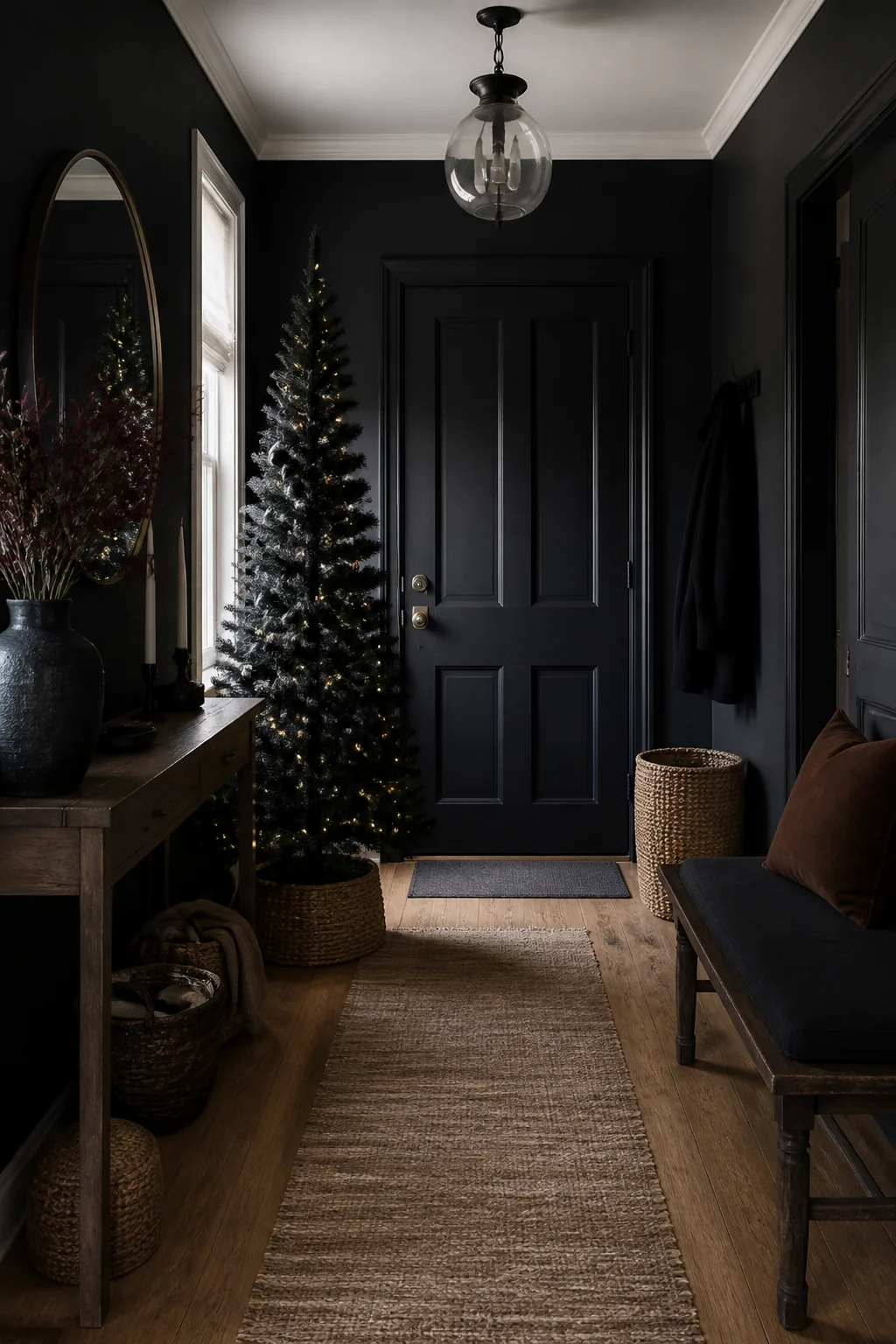 Stand a slim black tree in the entryway