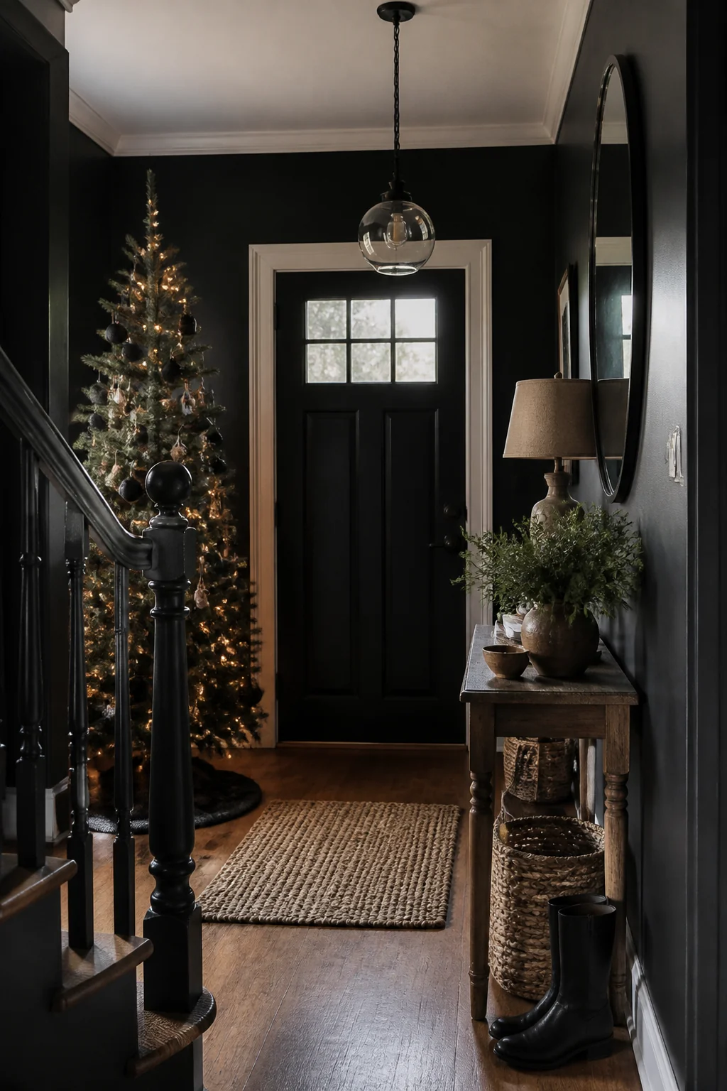 Hang a black tree beside a dining pendant