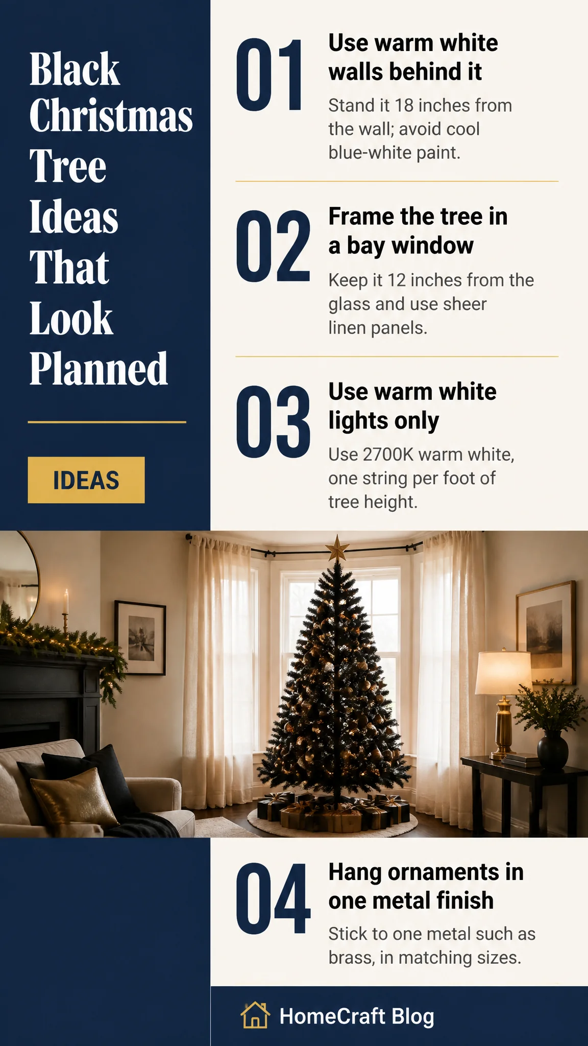 Infographic summary of 15 Black Christmas Tree Ideas for Living Rooms, Entryways and Dining Nooks