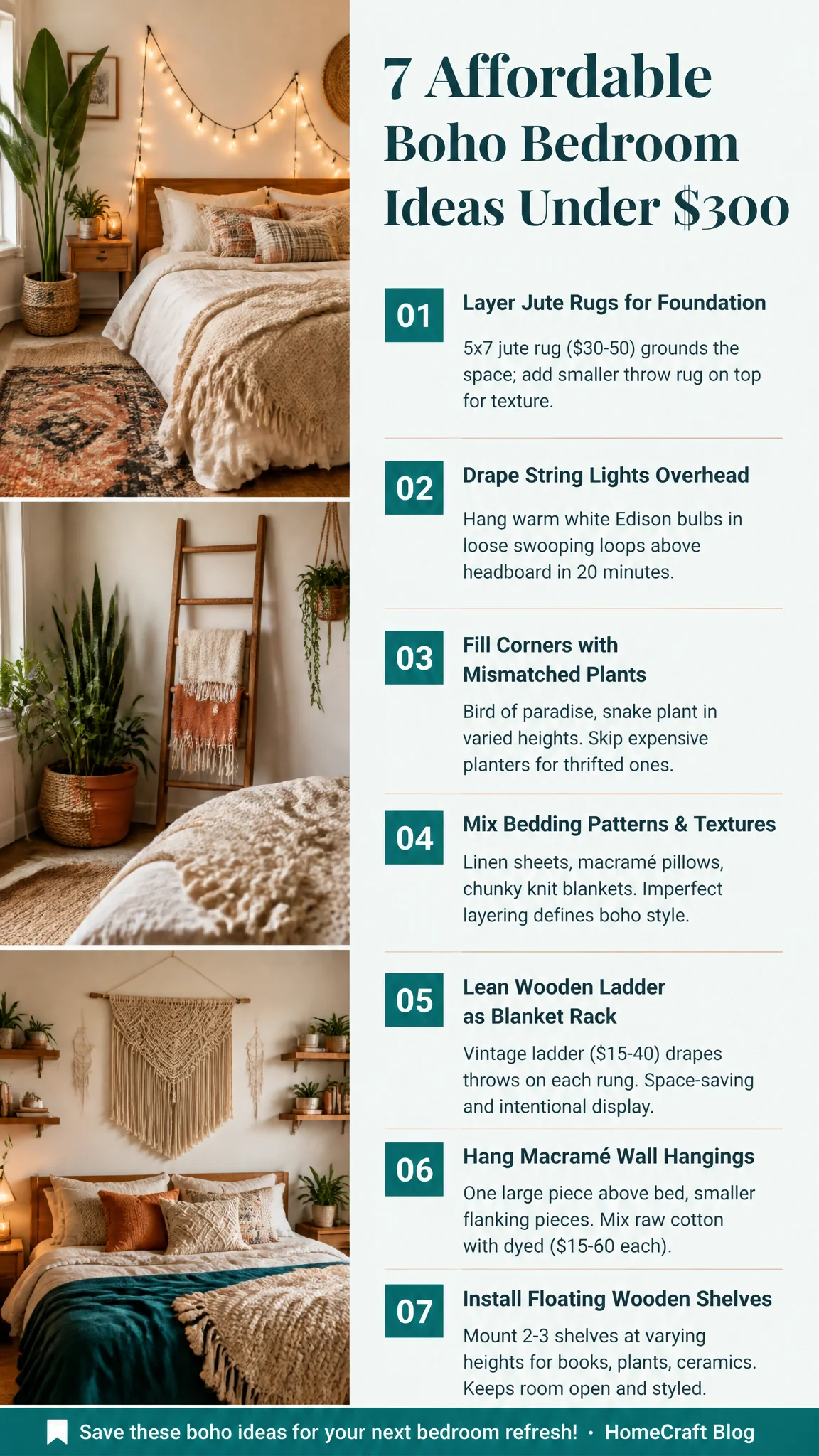 Infographic summary of 23 Boho Bedroom Decor Ideas You Can Build for Around $300