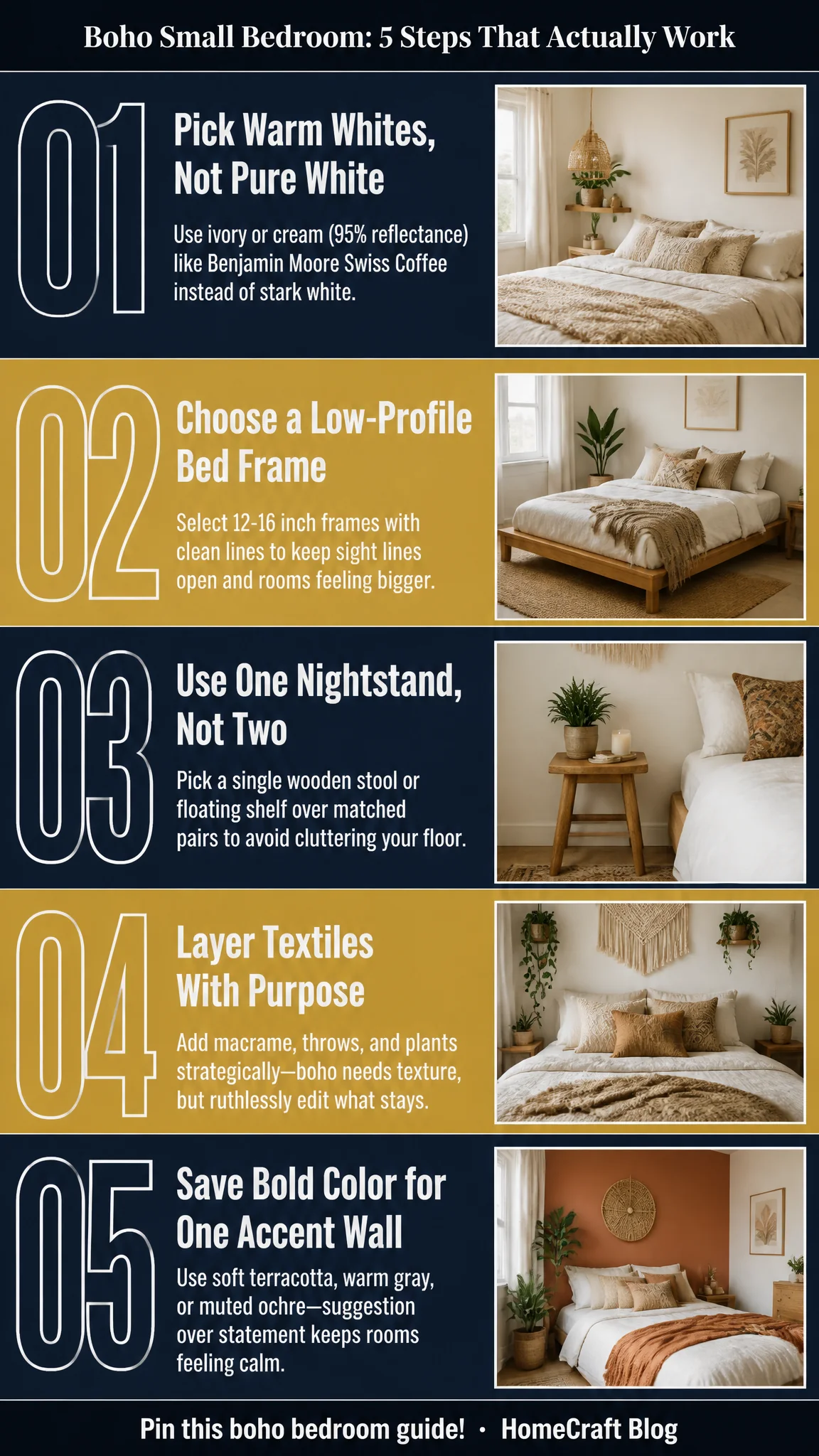 Infographic summary of How to Get the Boho Small Bedroom Look Step by Step