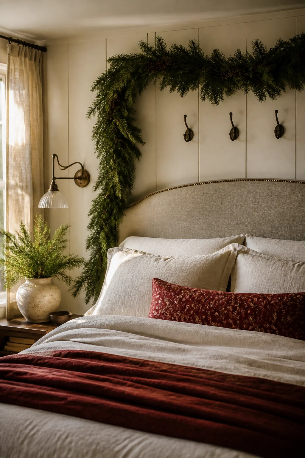 Frame the headboard wall with evergreen garland