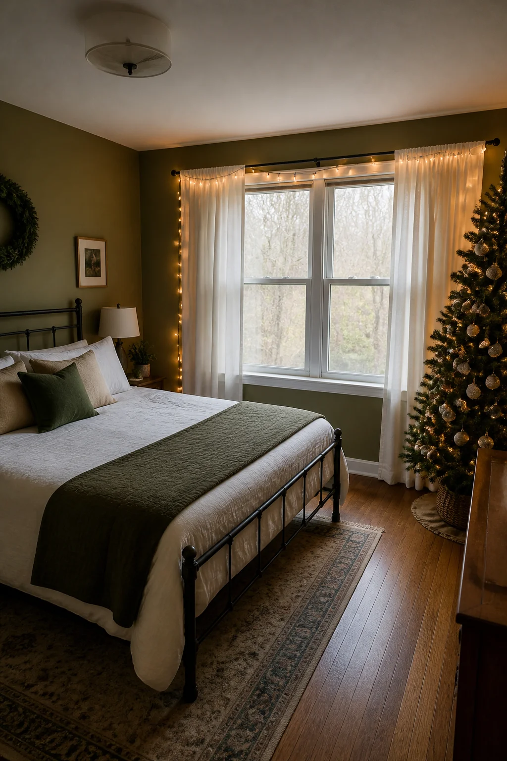 Tuck warm string lights along the top of the window