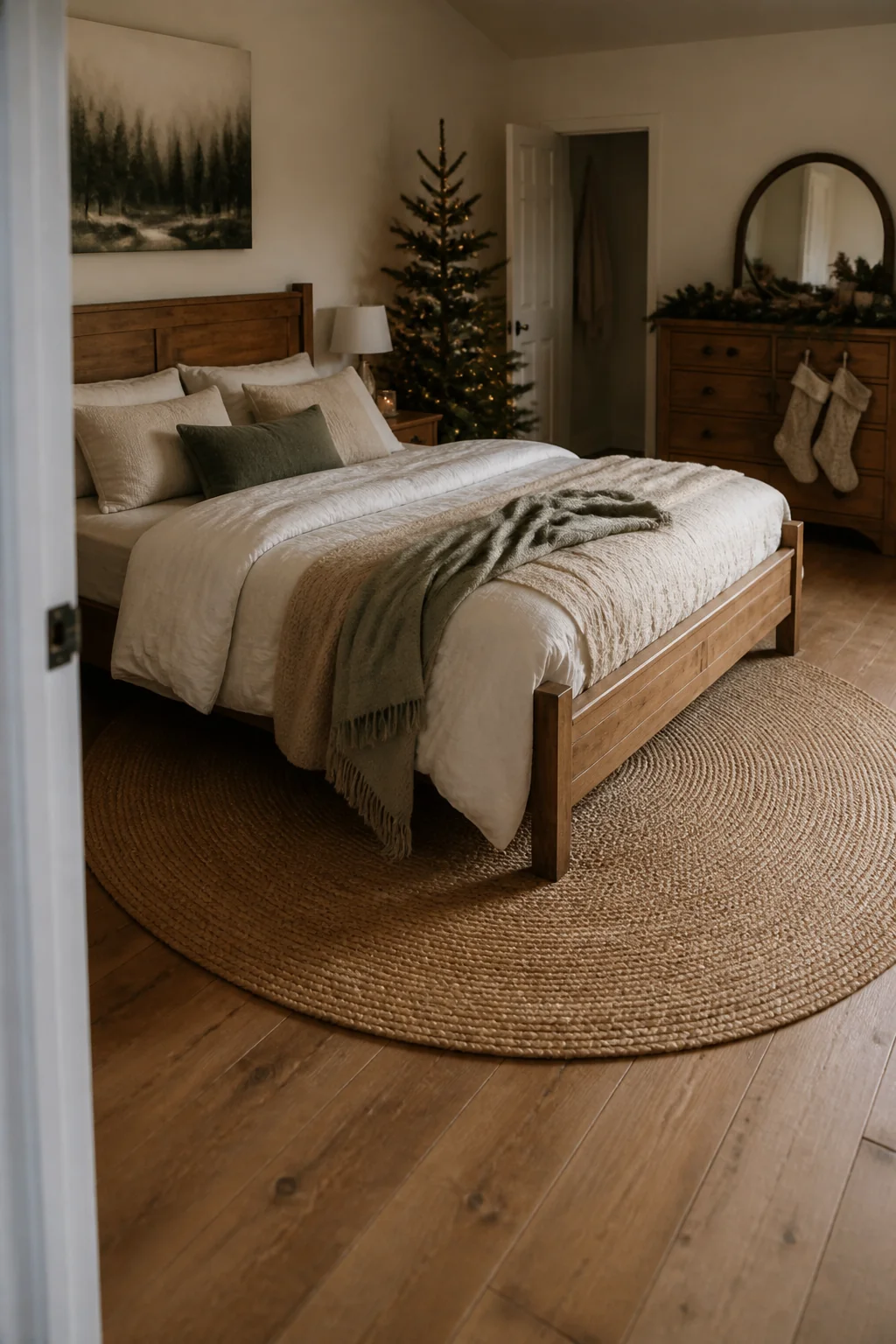 Lay a round jute rug under the bed