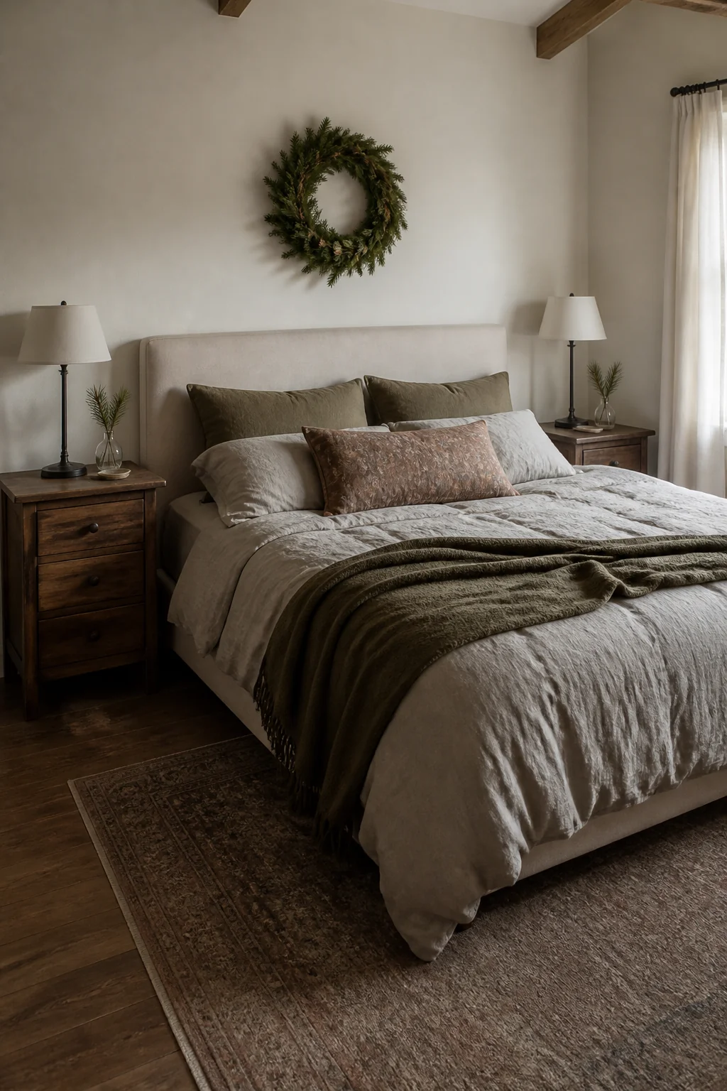 Set a single pine branch in a bud vase on each nightstand