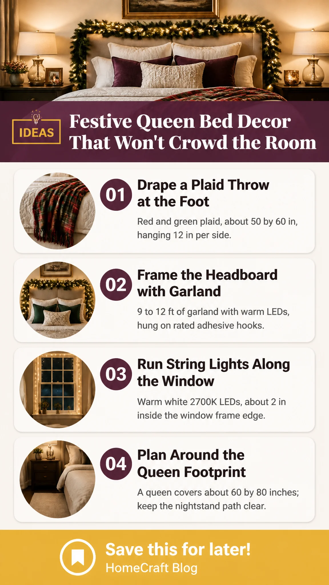Infographic summary of 14 Christmas Bedroom Decor Ideas for Couples Who Share a Queen Bed