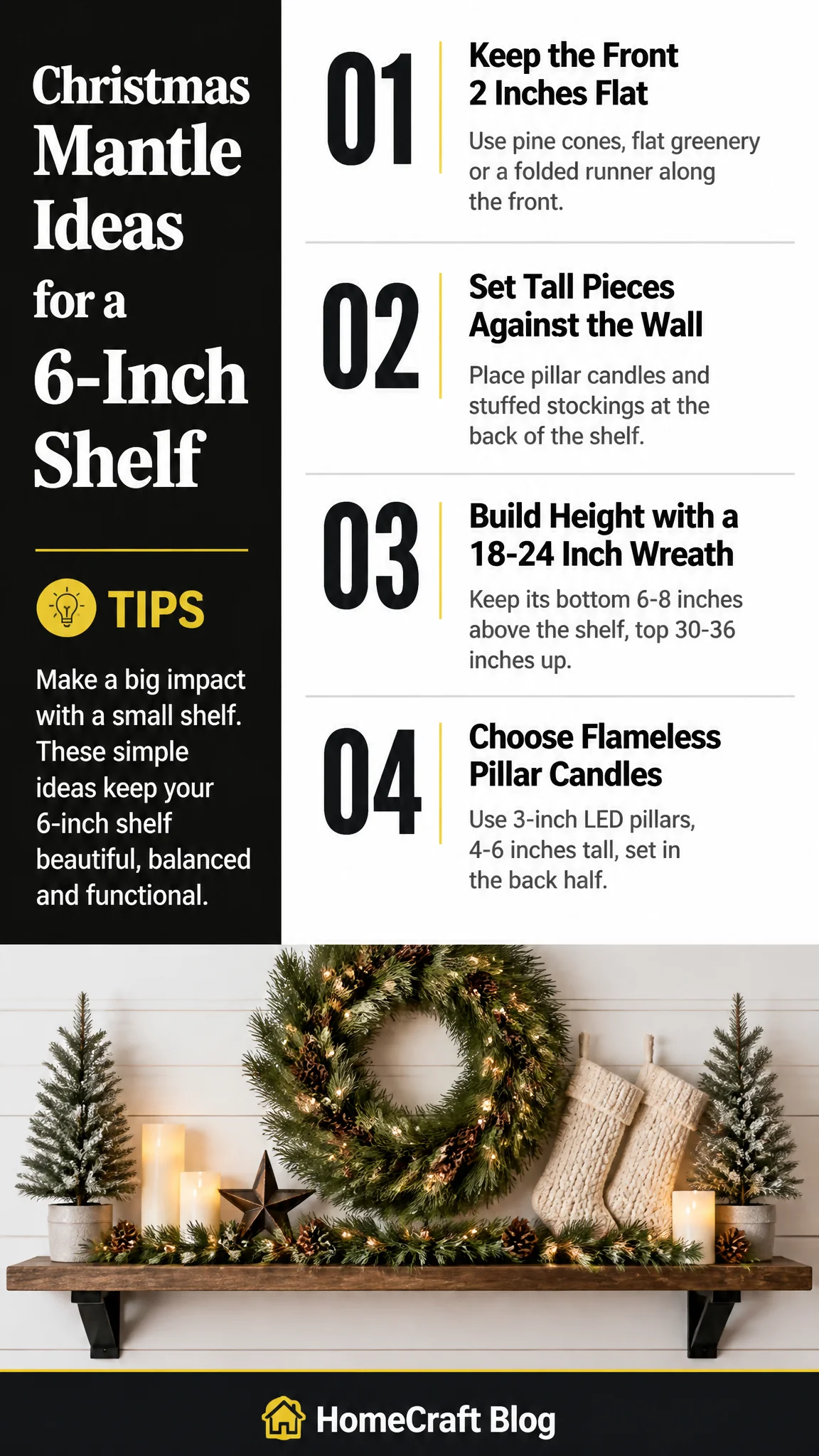 Infographic summary of Building a Full Christmas Mantle on a Shelf Only 6 Inches Deep