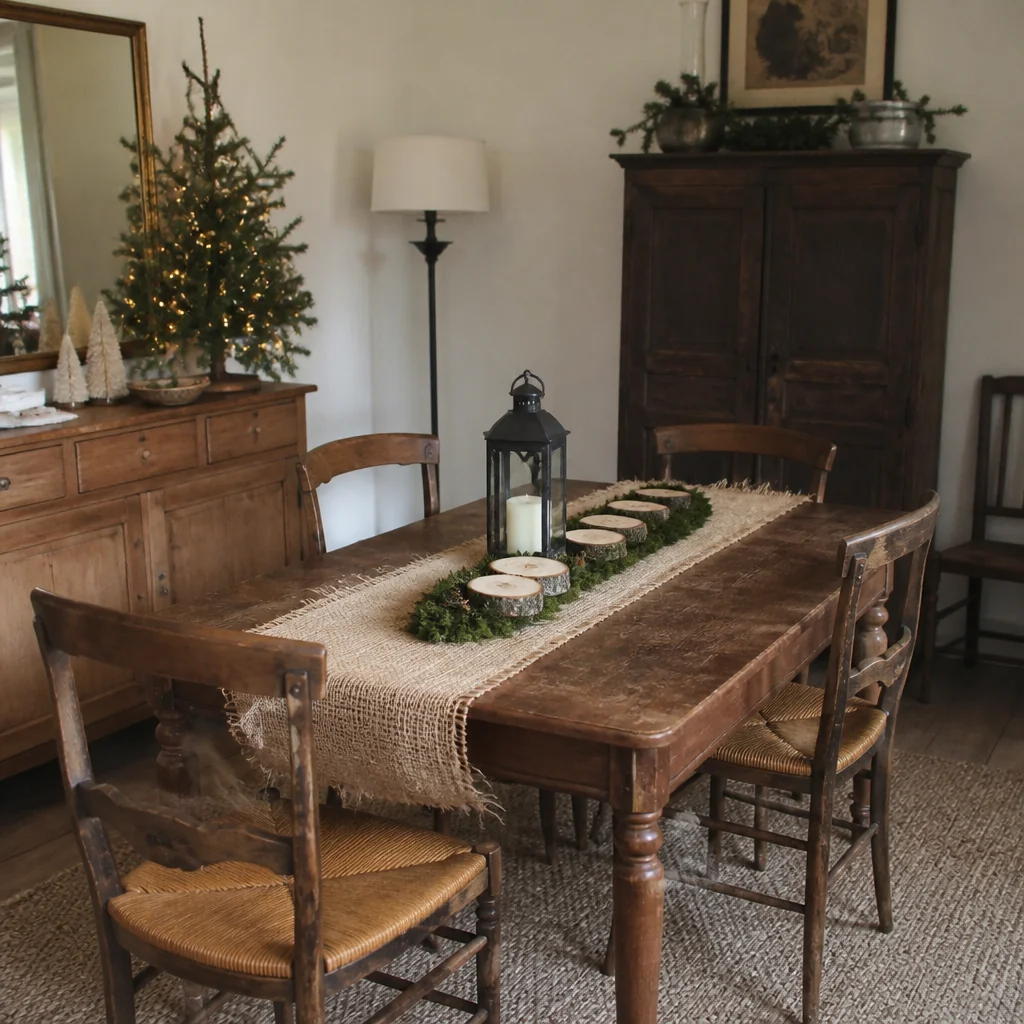 Lay moss and wood slices on a burlap runner