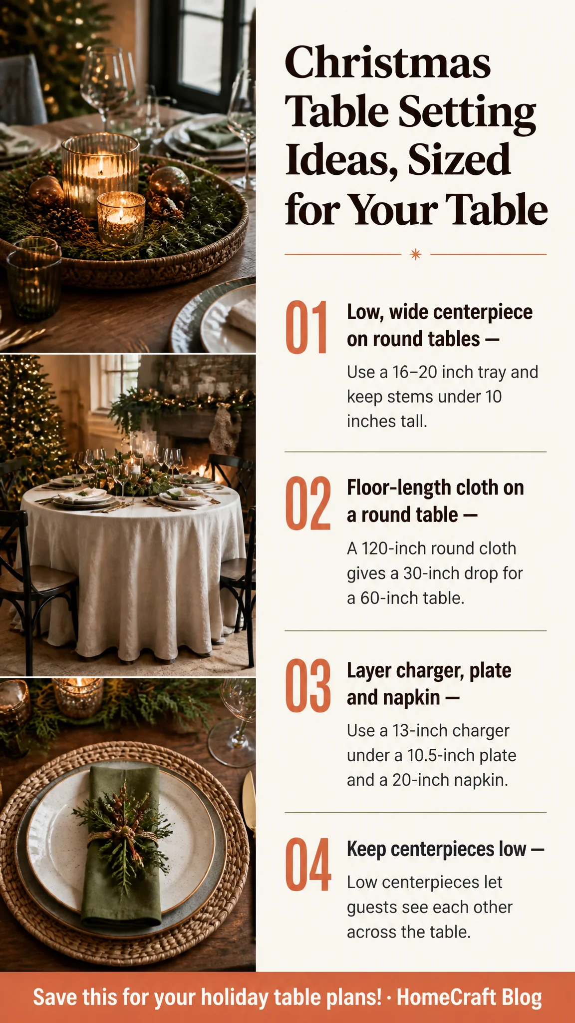 Infographic summary of 15 Christmas Table Setting Ideas for Round, Square and Narrow Dining Tables