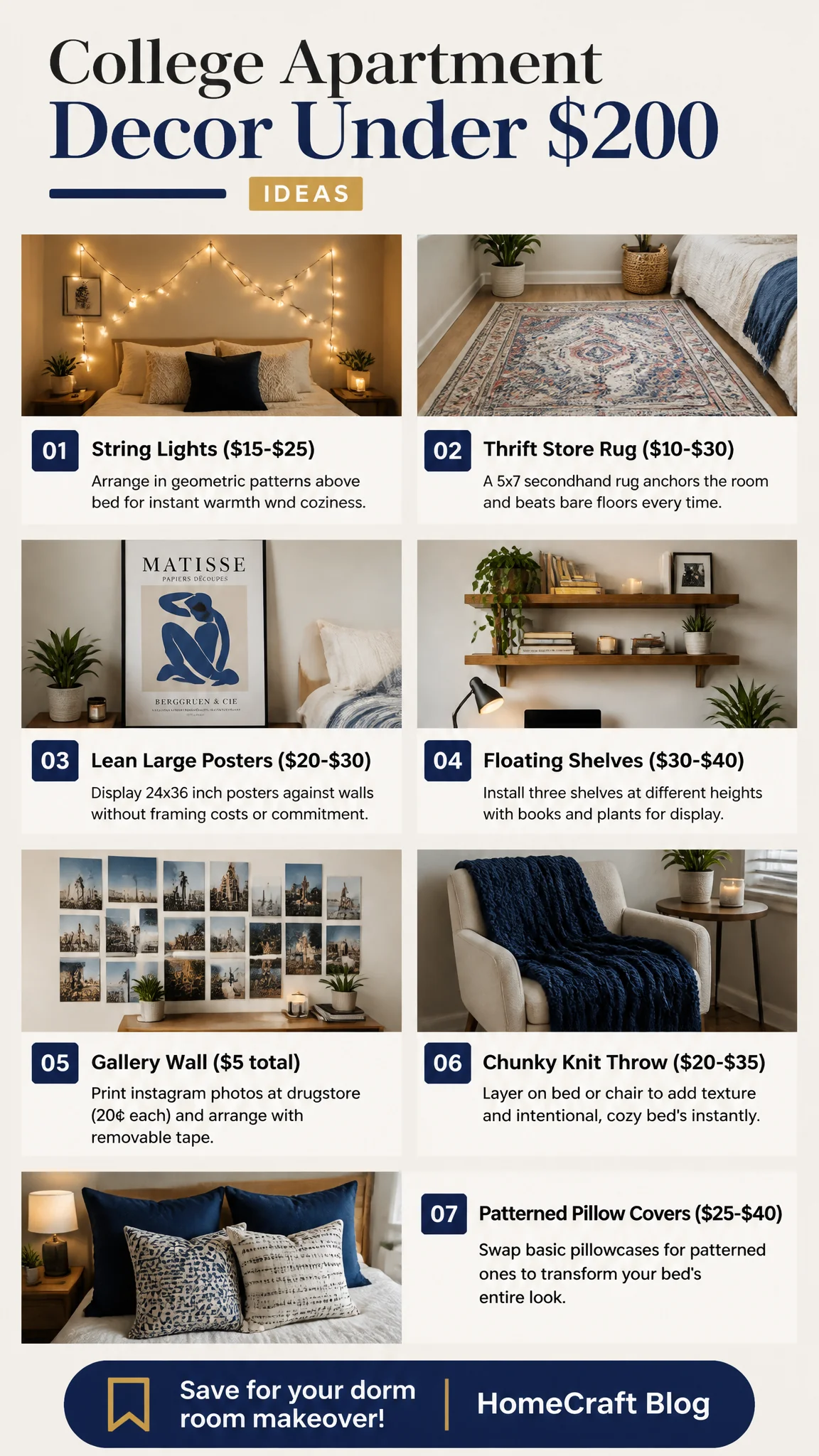 Infographic summary of 31 Budget-Friendly College Apartment Decor Ideas Under $200