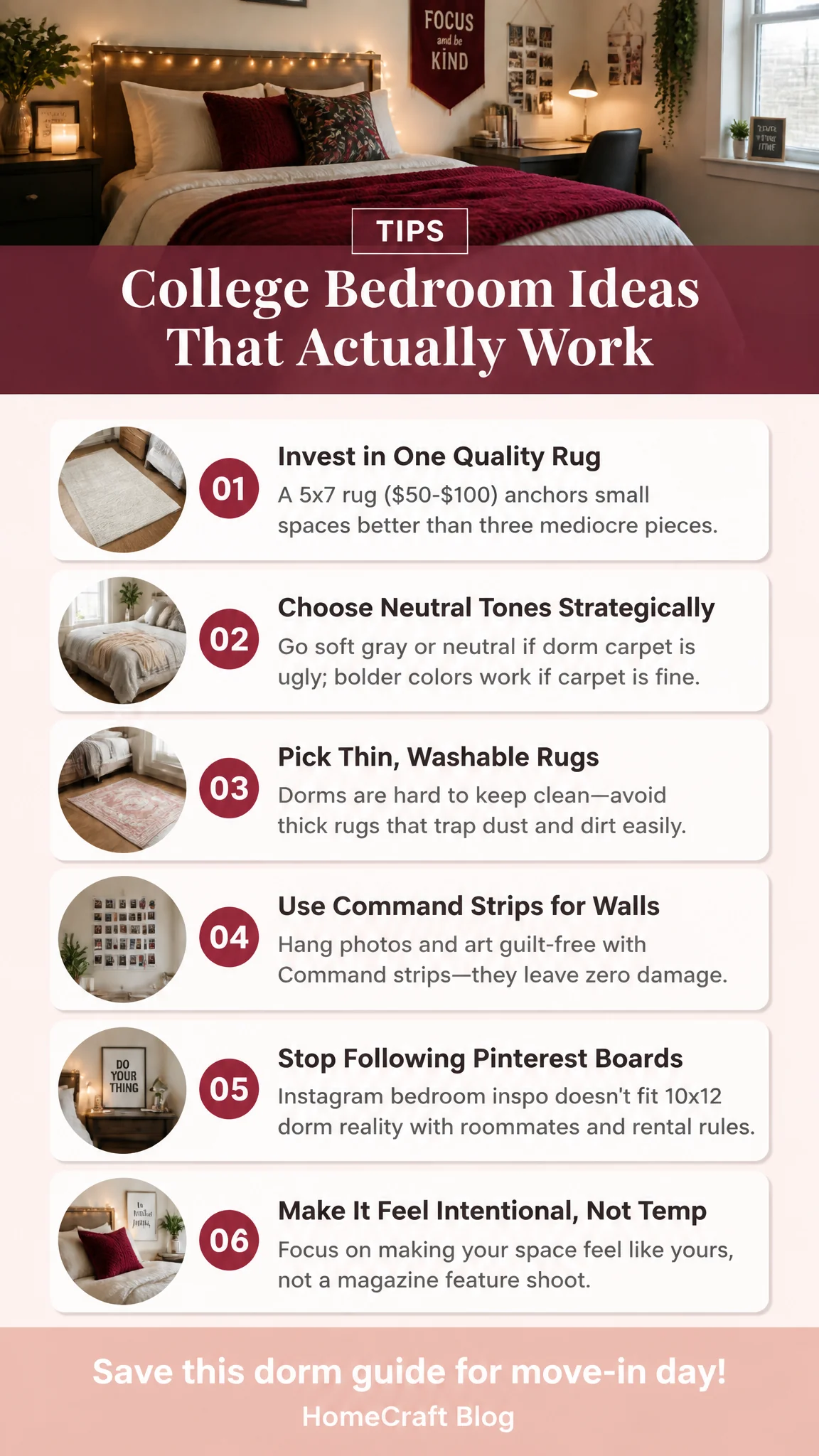 Infographic summary of How to Decorate a College Bedroom in a 10x12 Dorm Room