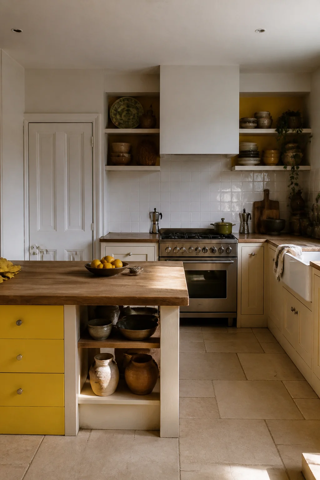 Bright color inside the drawers and behind open shelves