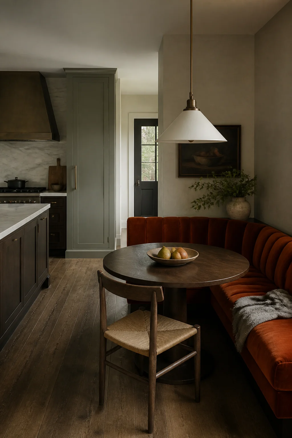 A banquette in saturated velvet or vinyl