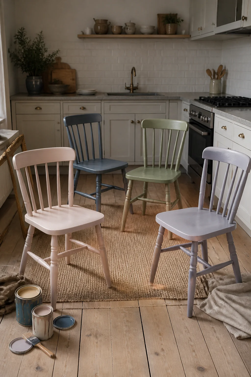 Chairs in four different painted shades