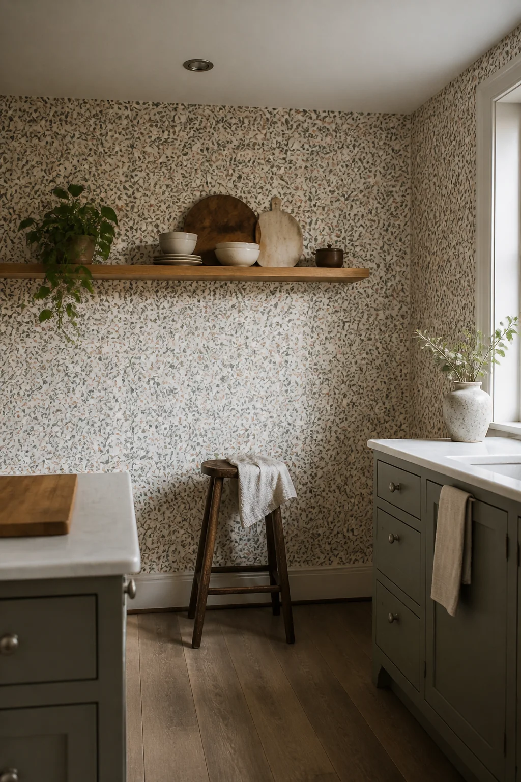 Washable patterned paper on the nook wall
