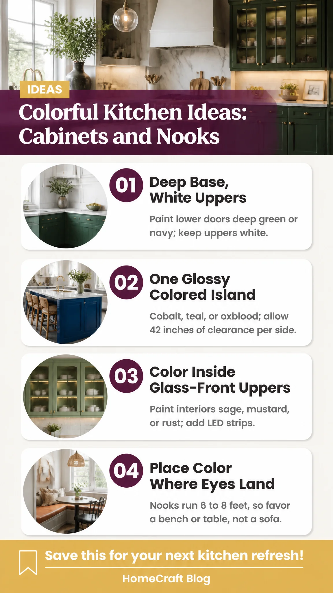 Infographic summary of 10 Colorful Kitchen Ideas for Cabinet Doors and Breakfast Nooks
