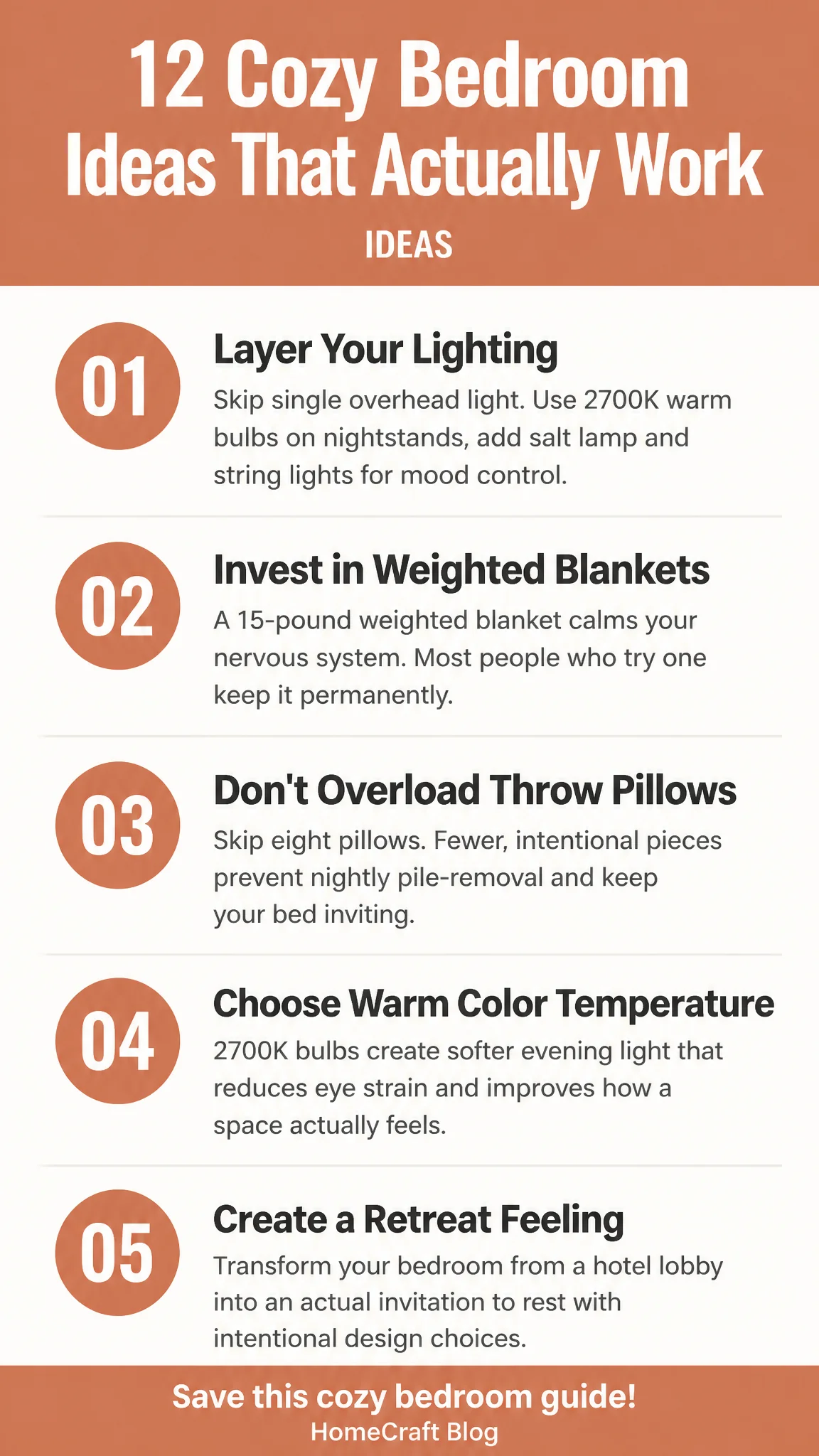 Infographic summary of 12 Cozy Bedroom Ideas, From Warm Bulbs to Linen Sheets