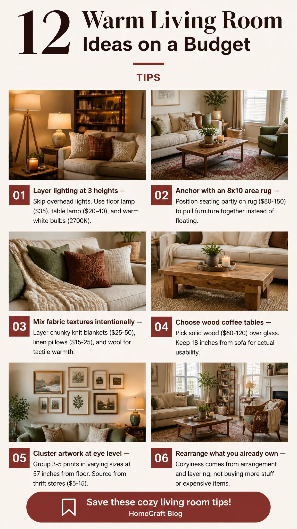 Infographic summary of 12 Warm Living Room Ideas That Don't Cost a Fortune