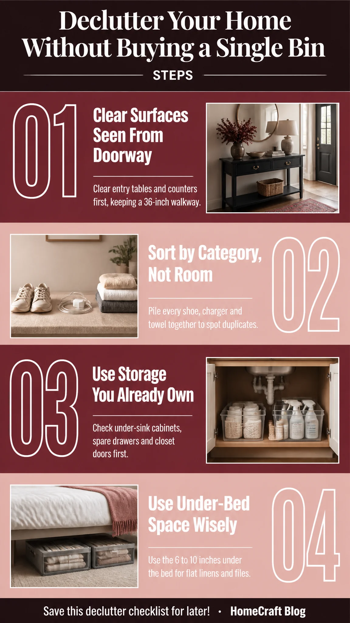 Infographic summary of How to Clear a Cluttered Home Without Buying a Single Bin
