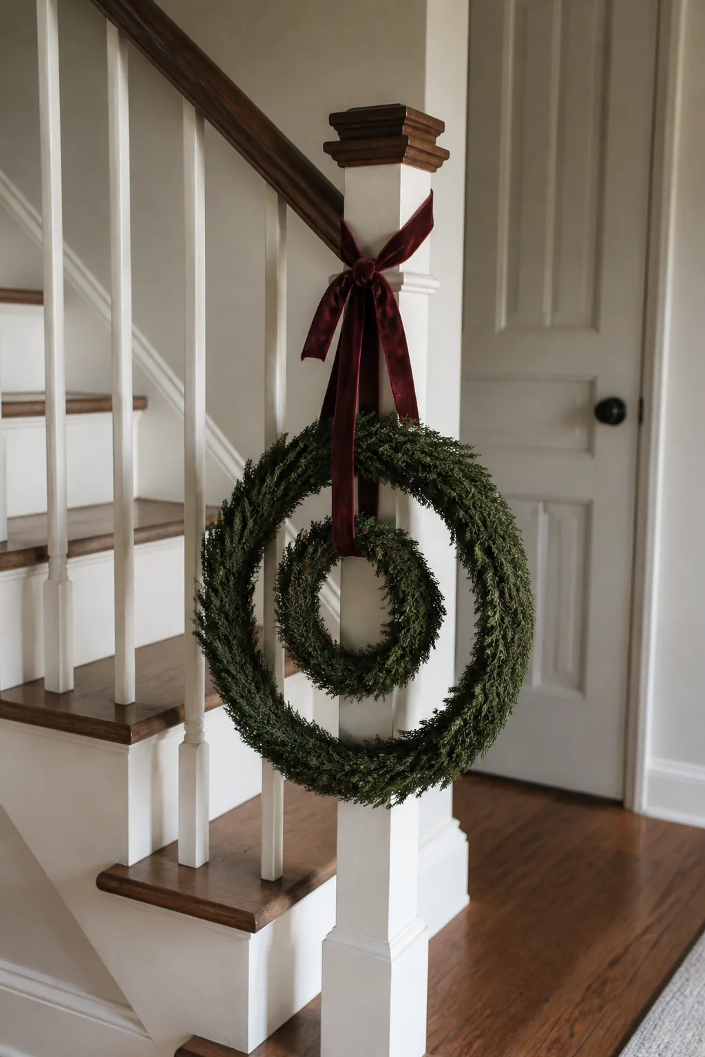 Hang a double-ring wreath on a velvet ribbon