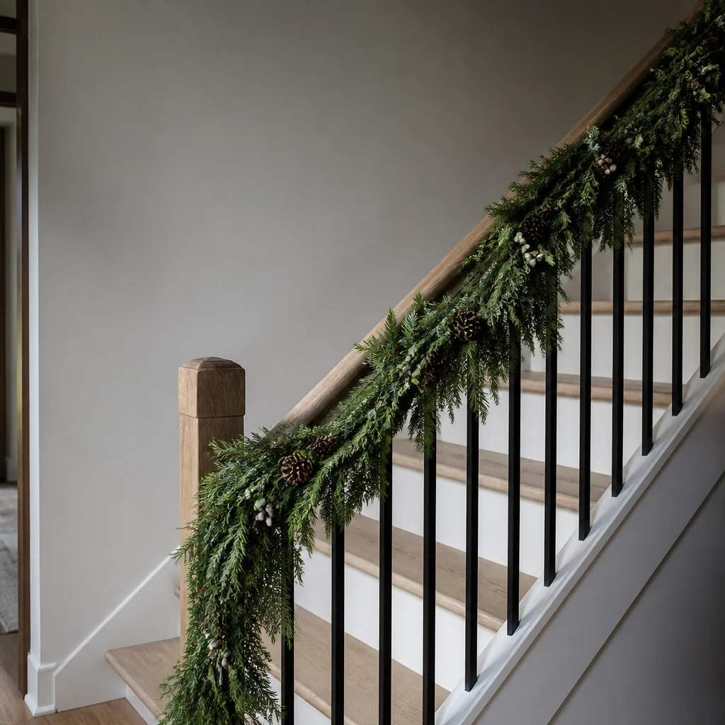Swag evergreen garland along the stair rail
