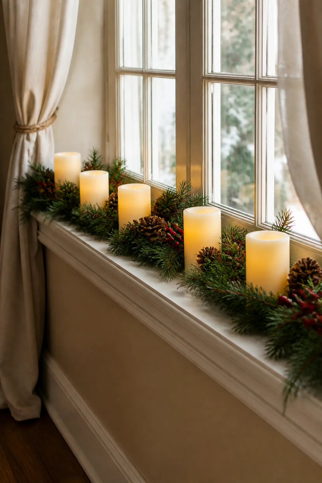Line the window ledge with flameless pillar candles