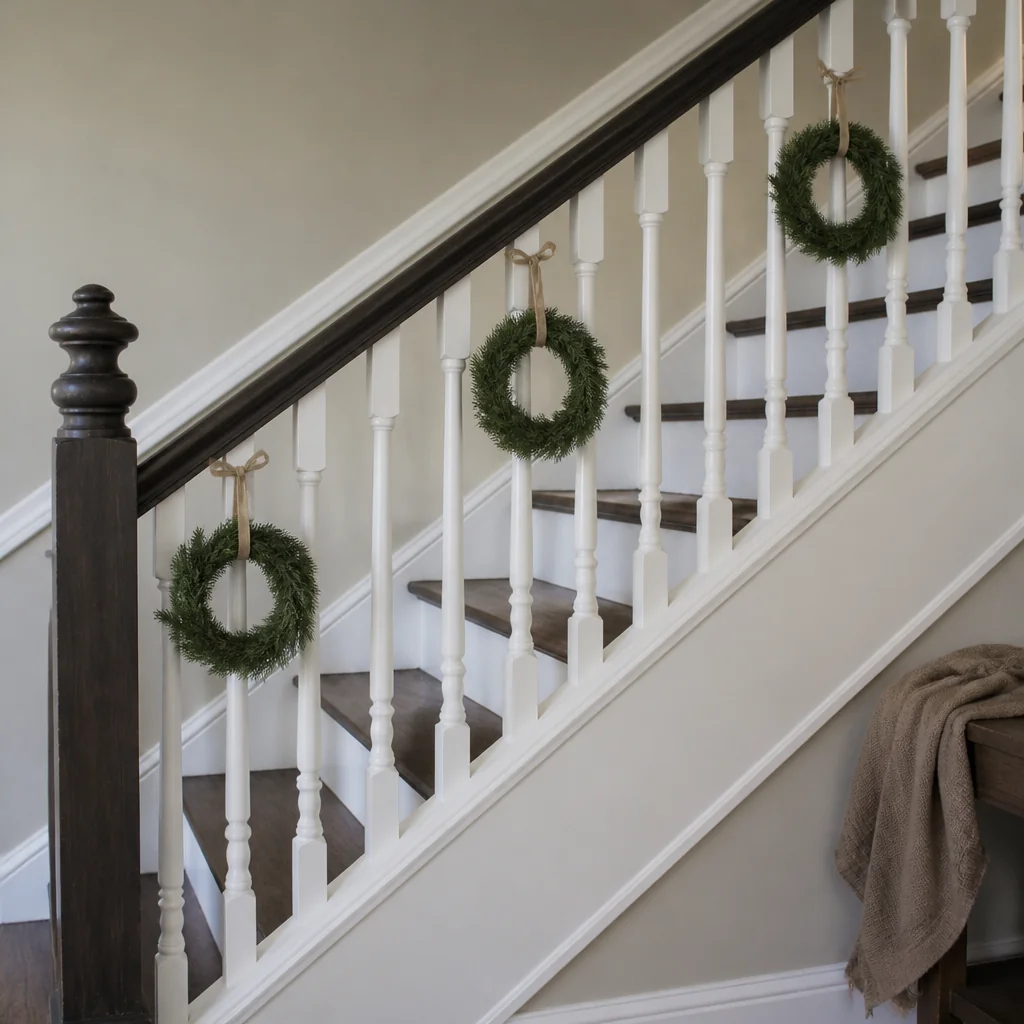 Hang mini wreaths on every third baluster