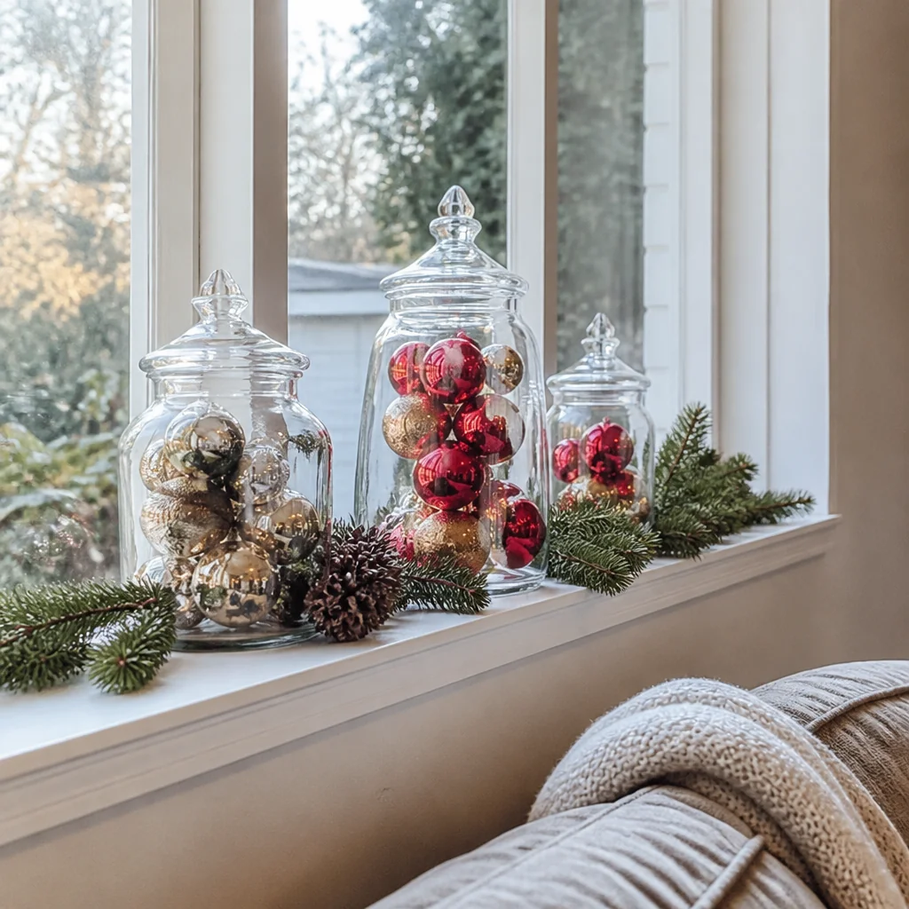 Fill glass jars with ornaments on the ledge