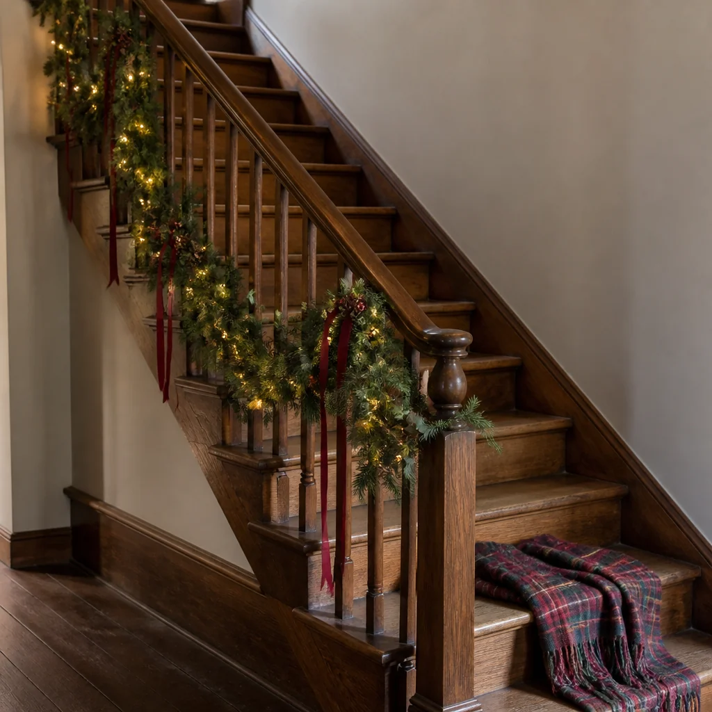 Drape a tartan throw over the bottom step