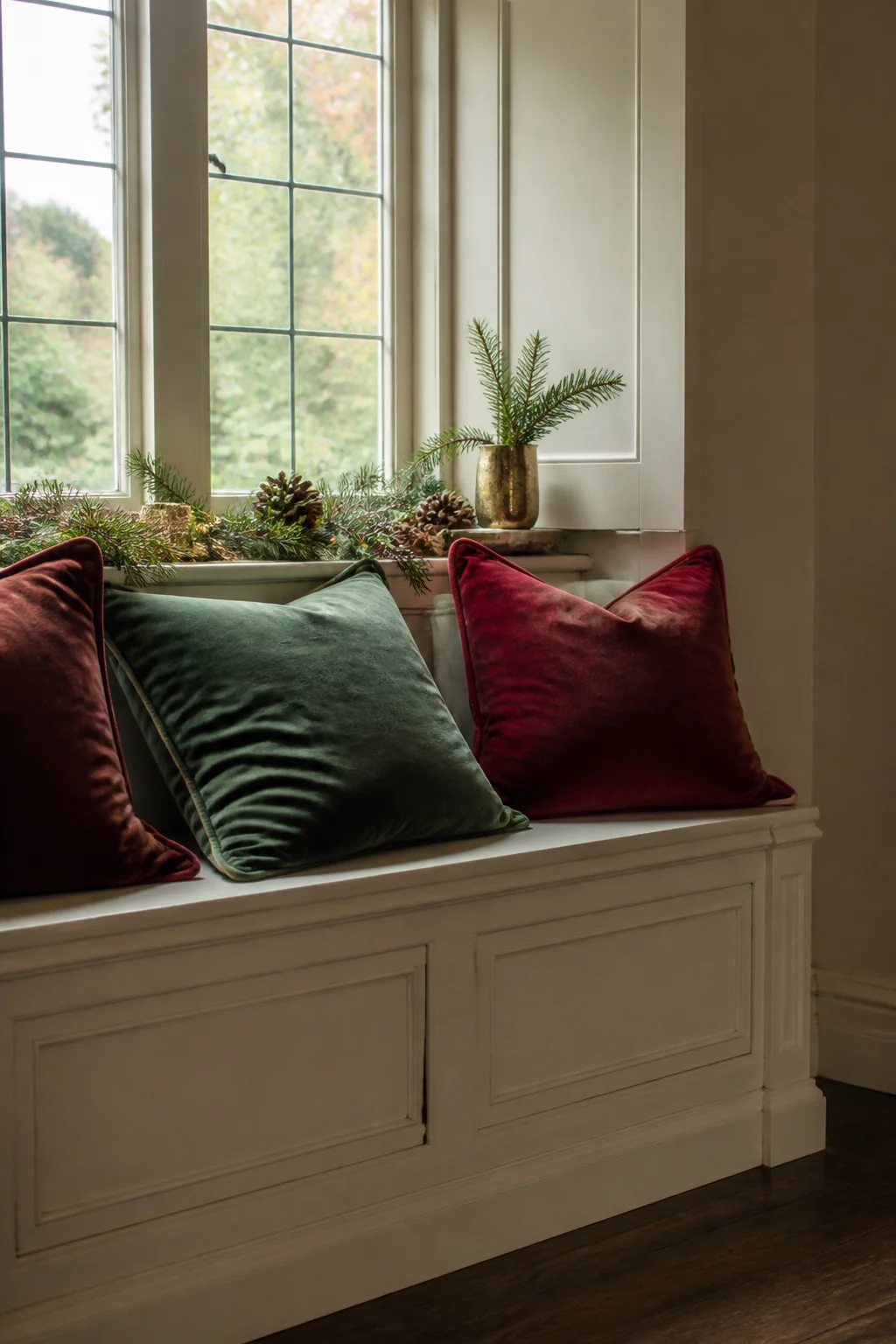 Layer velvet pillows on a window bench