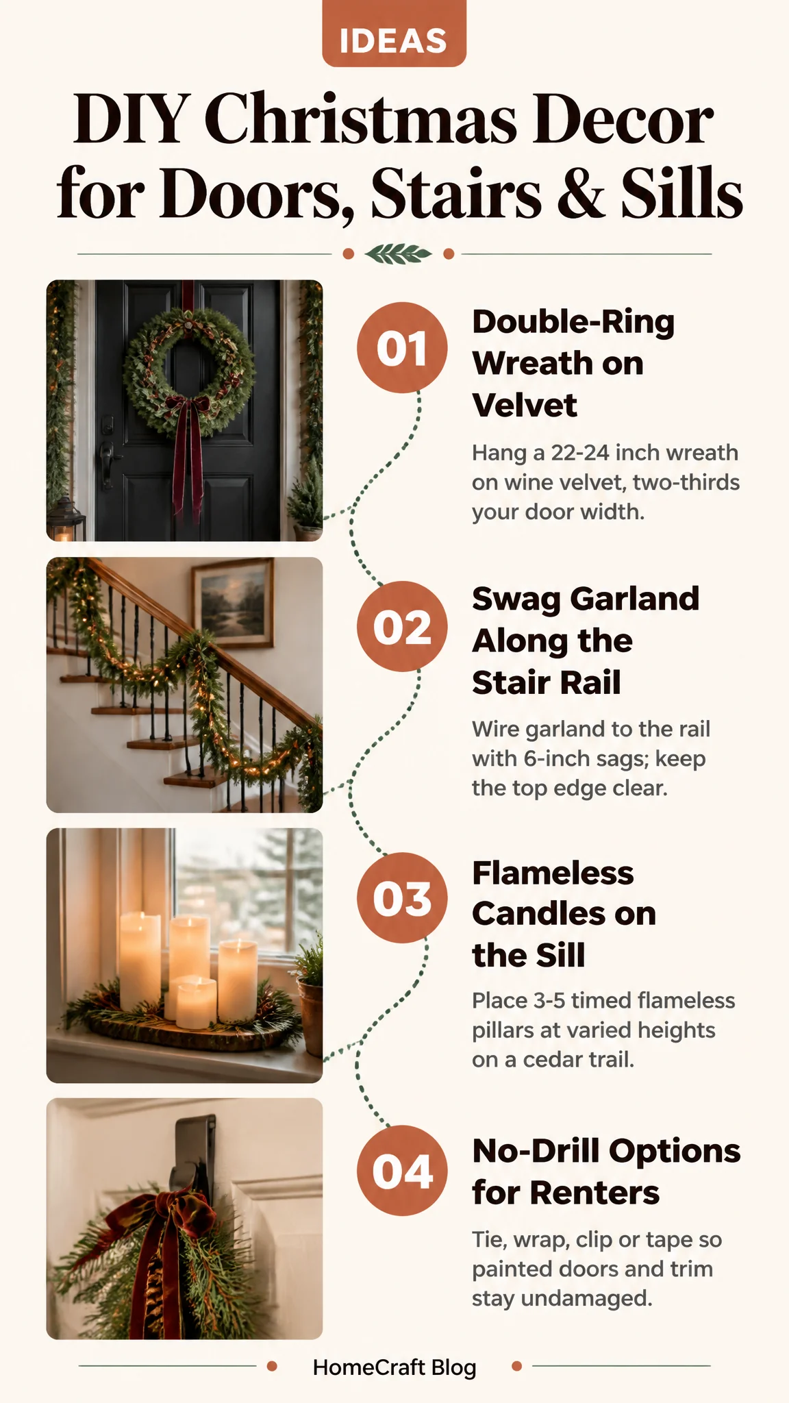 Infographic summary of 12 DIY Christmas Decor Ideas for Front Doors, Stair Rails and Window Ledges