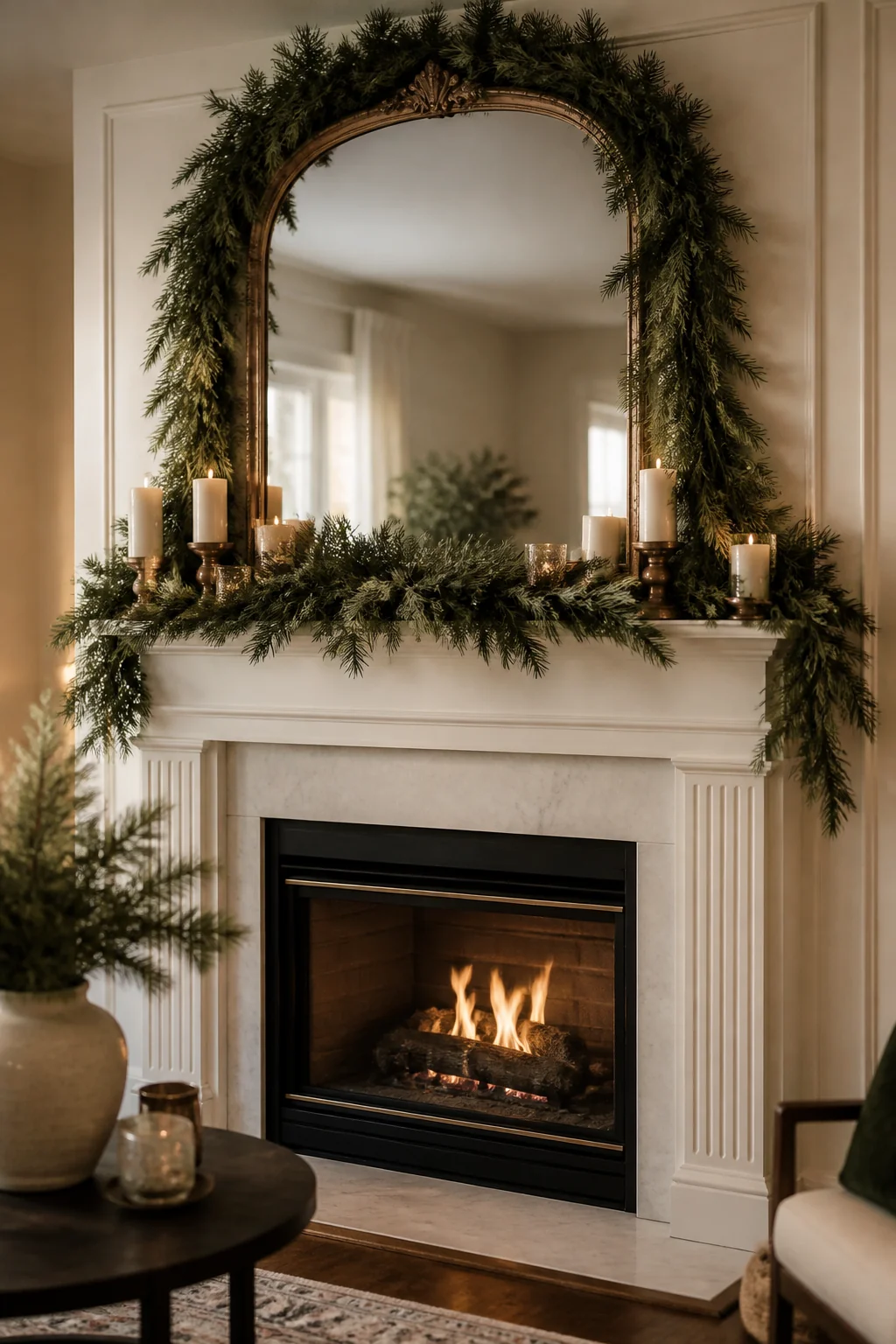 Garland framing the mirror above the mantel