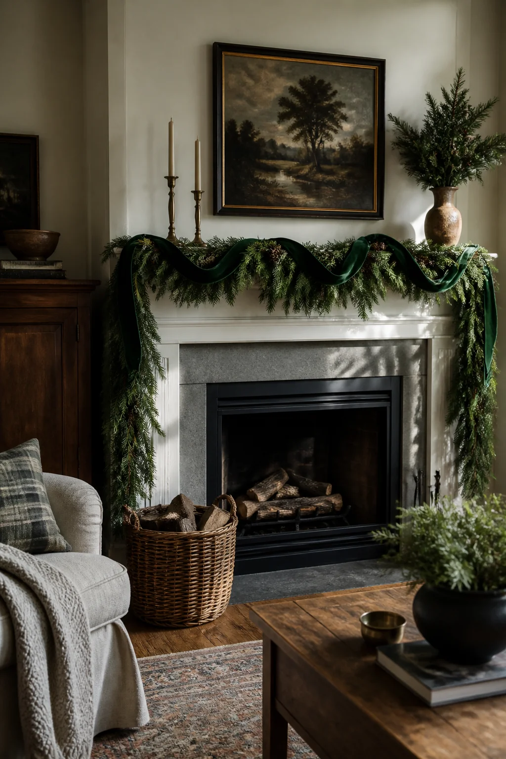 Velvet ribbon wrapped through the evergreen