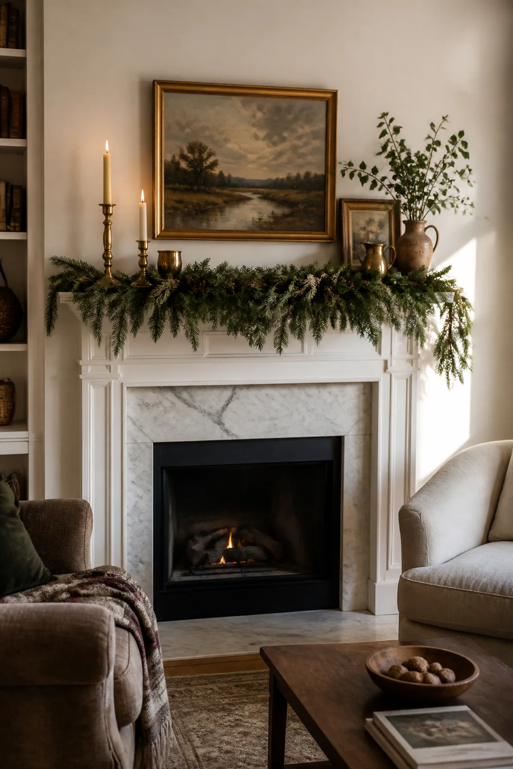 Taper candles in brass holders beside the garland